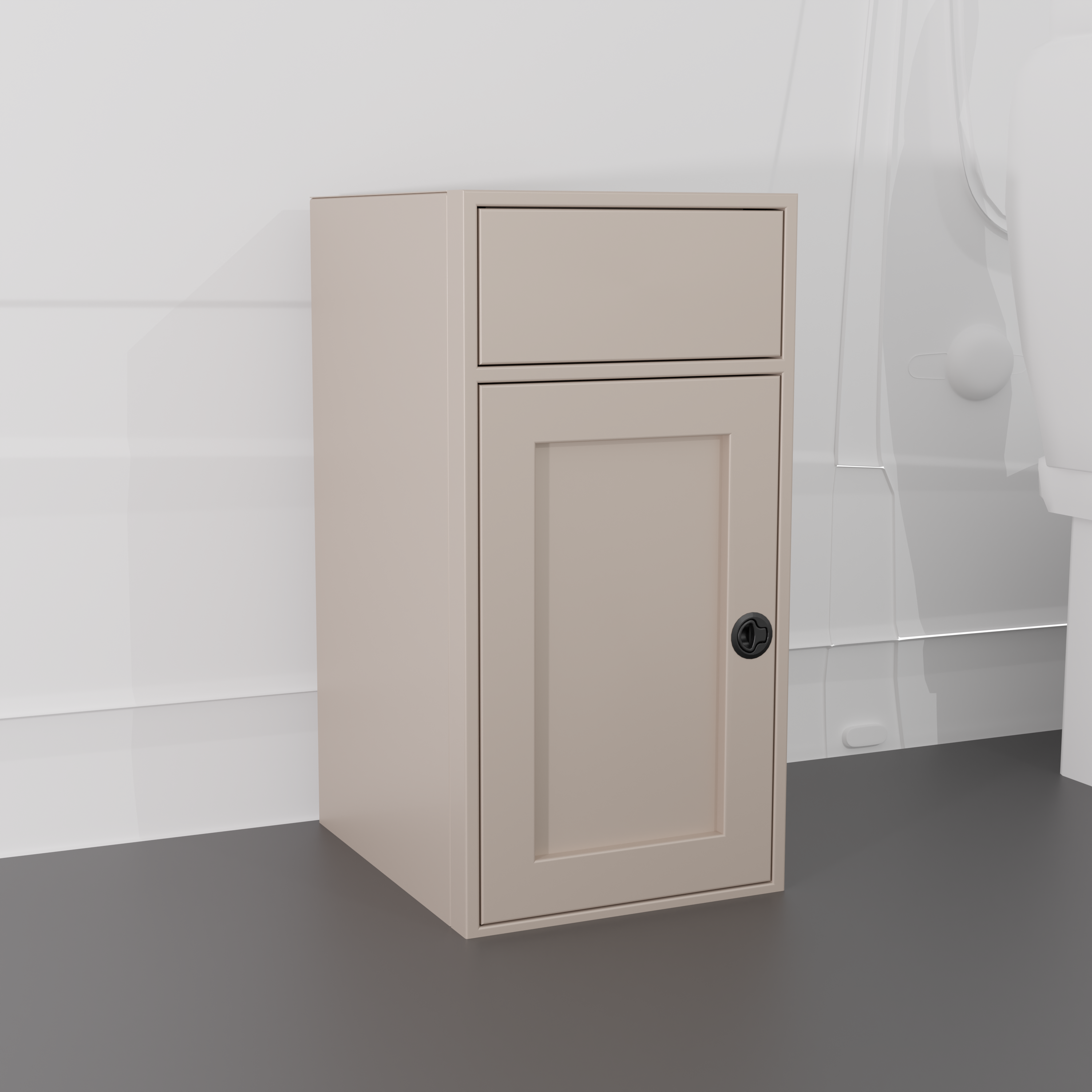 Sandstone 18-inch wide, 22-inch deep, 36-inch tall aluminum sink base cabinet with reversible shaker door and blank structural top for housing drop in RV sink install in a van.