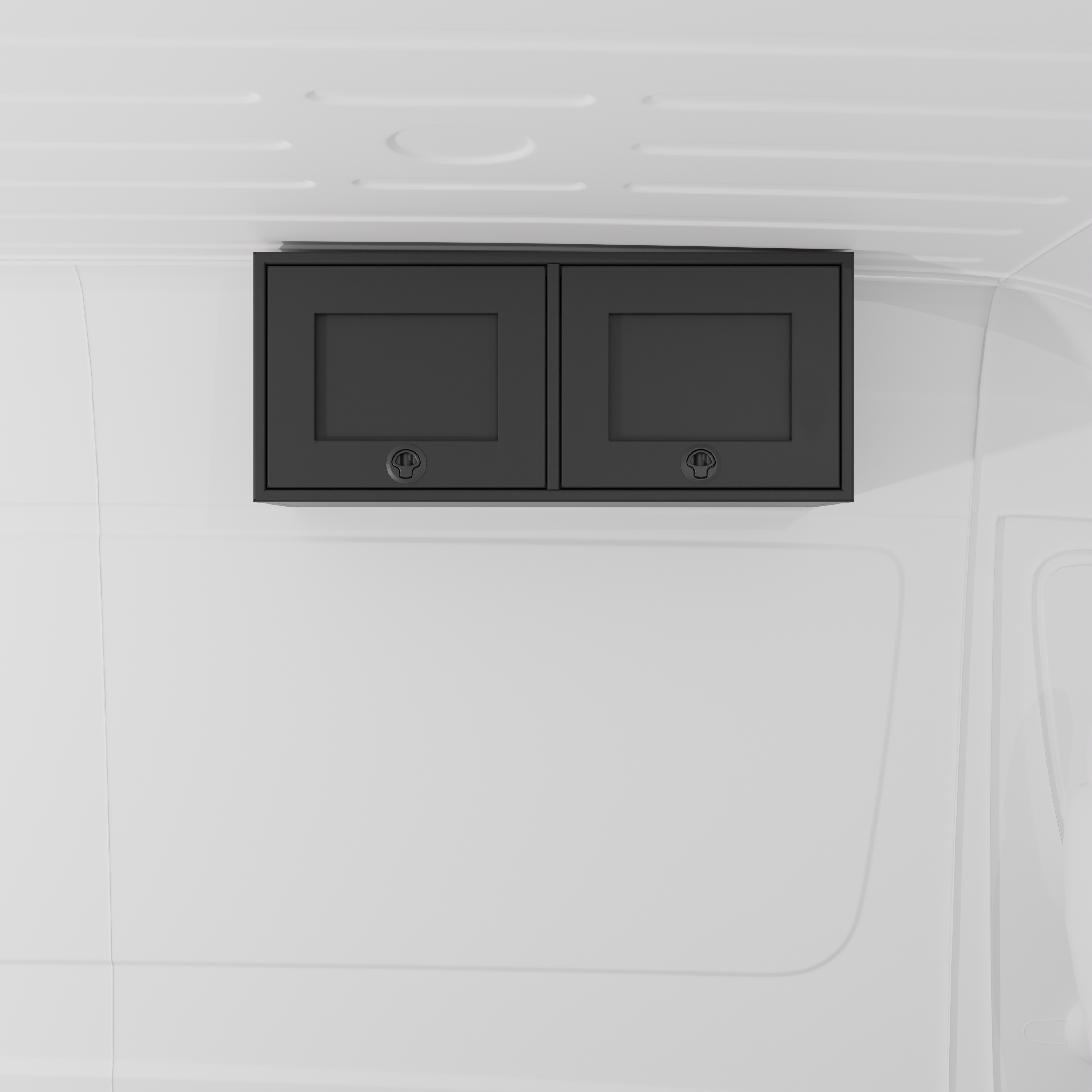 Black 36-inch wide aluminum angled upper Van Wife Components cabinet with two shaker-style doors & flush slam latches mounted in a van