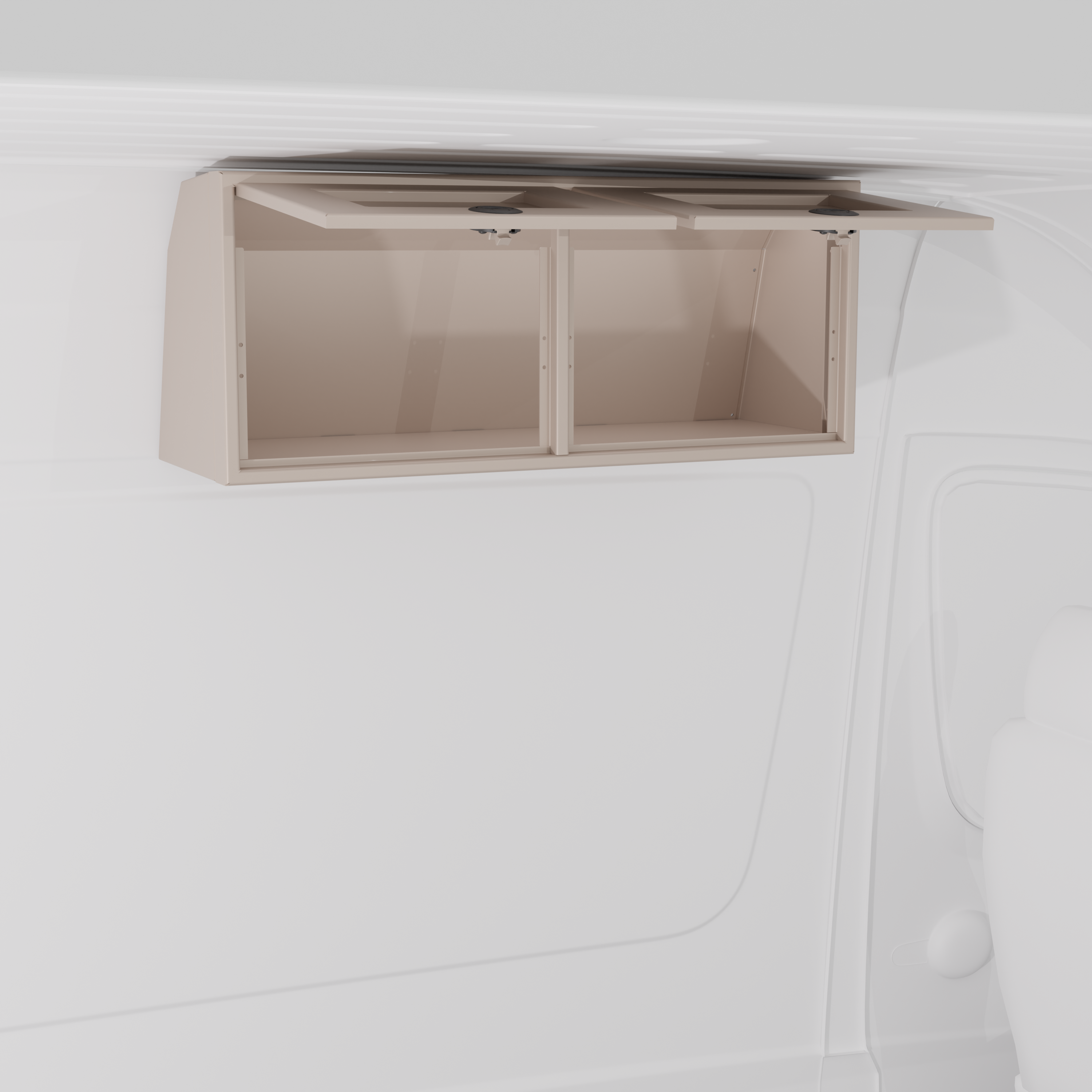 Sandstone 36-inch wide aluminum angled upper Van Wife Components cabinet with two shaker-style doors & flush slam latches mounted in a van