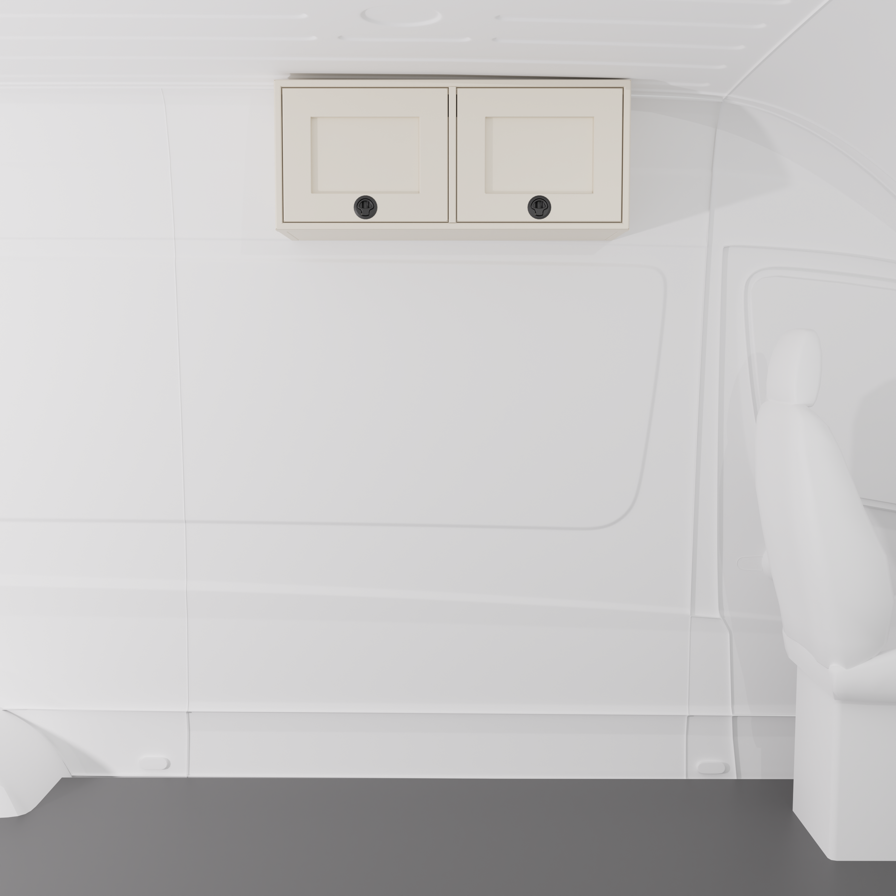 White 36-inch wide aluminum angled upper Van Wife Components cabinet with two shaker-style doors & flush slam latches mounted in a van