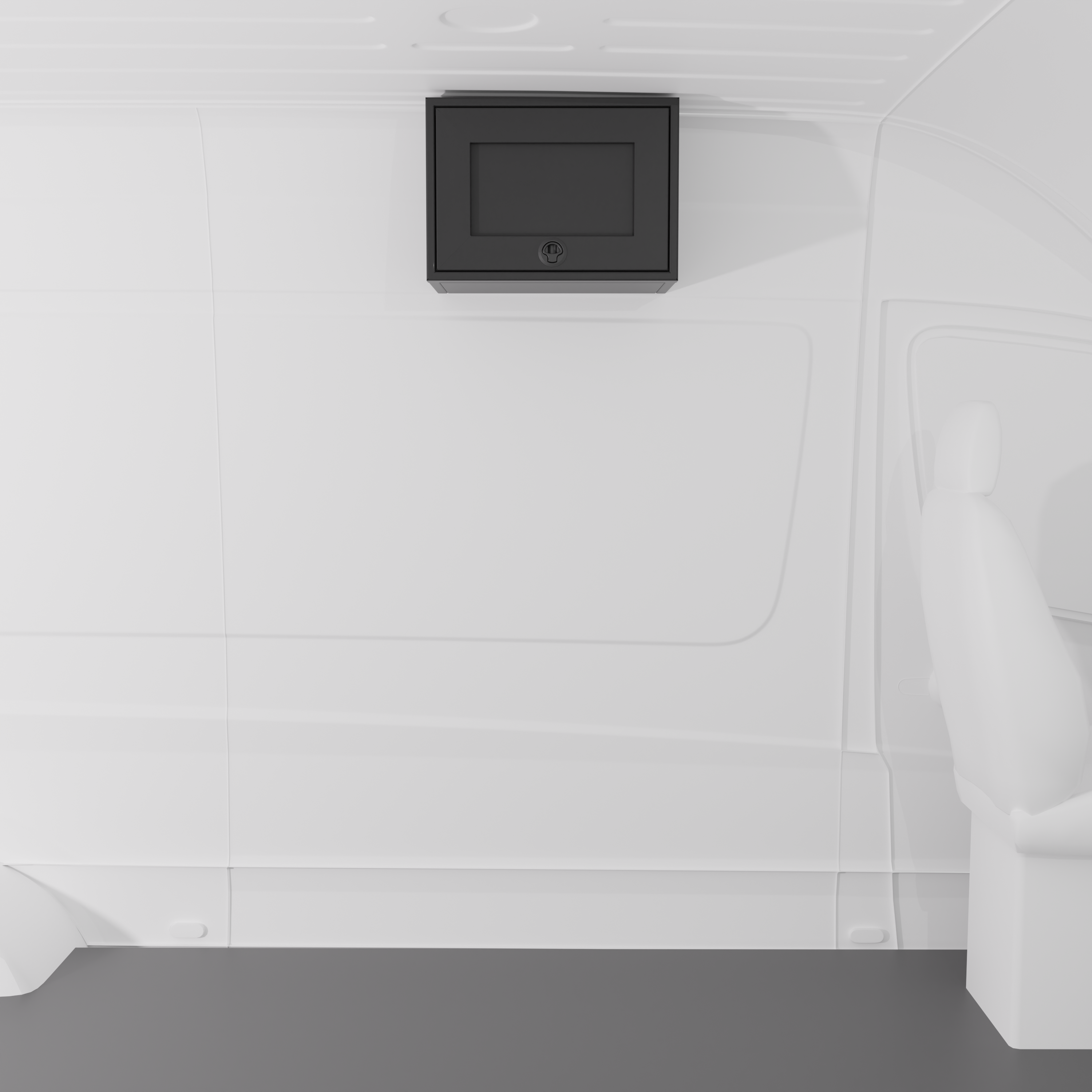Black 21-inch wide aluminum angled upper Van Wife Components cabinet with a single shaker-style door & flush slam latch mounted in a van