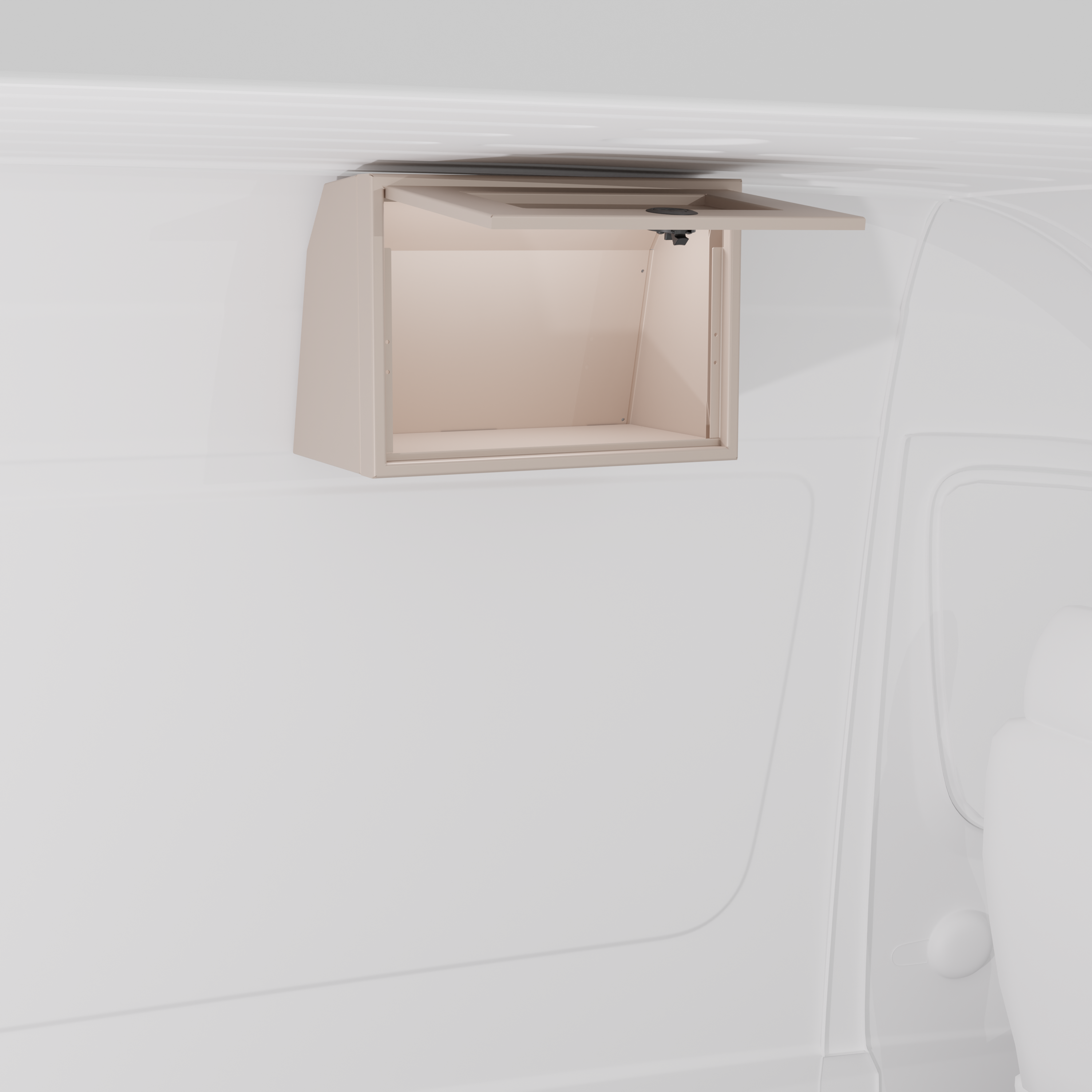 Sandstone 21-inch wide aluminum angled upper Van Wife Components cabinet with a single shaker-style door & flush slam latch mounted in a van