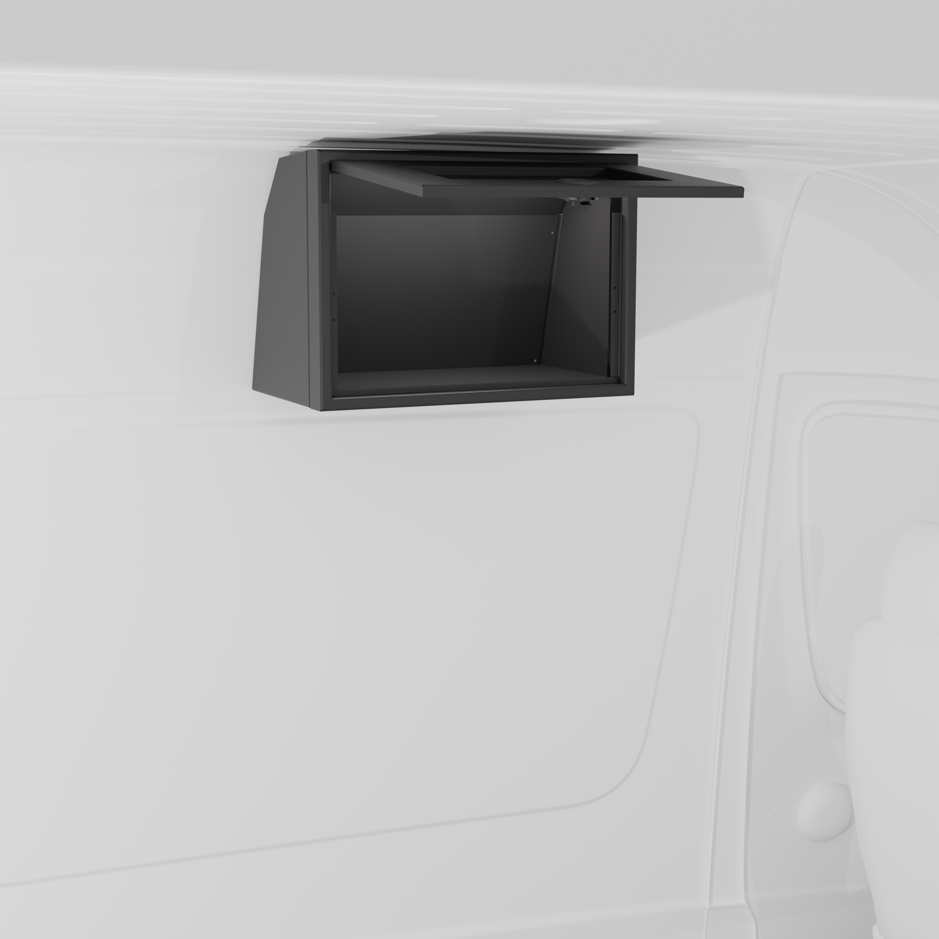 Black 21-inch wide aluminum angled upper Van Wife Components cabinet with a single shaker-style door & flush slam latch mounted in a van