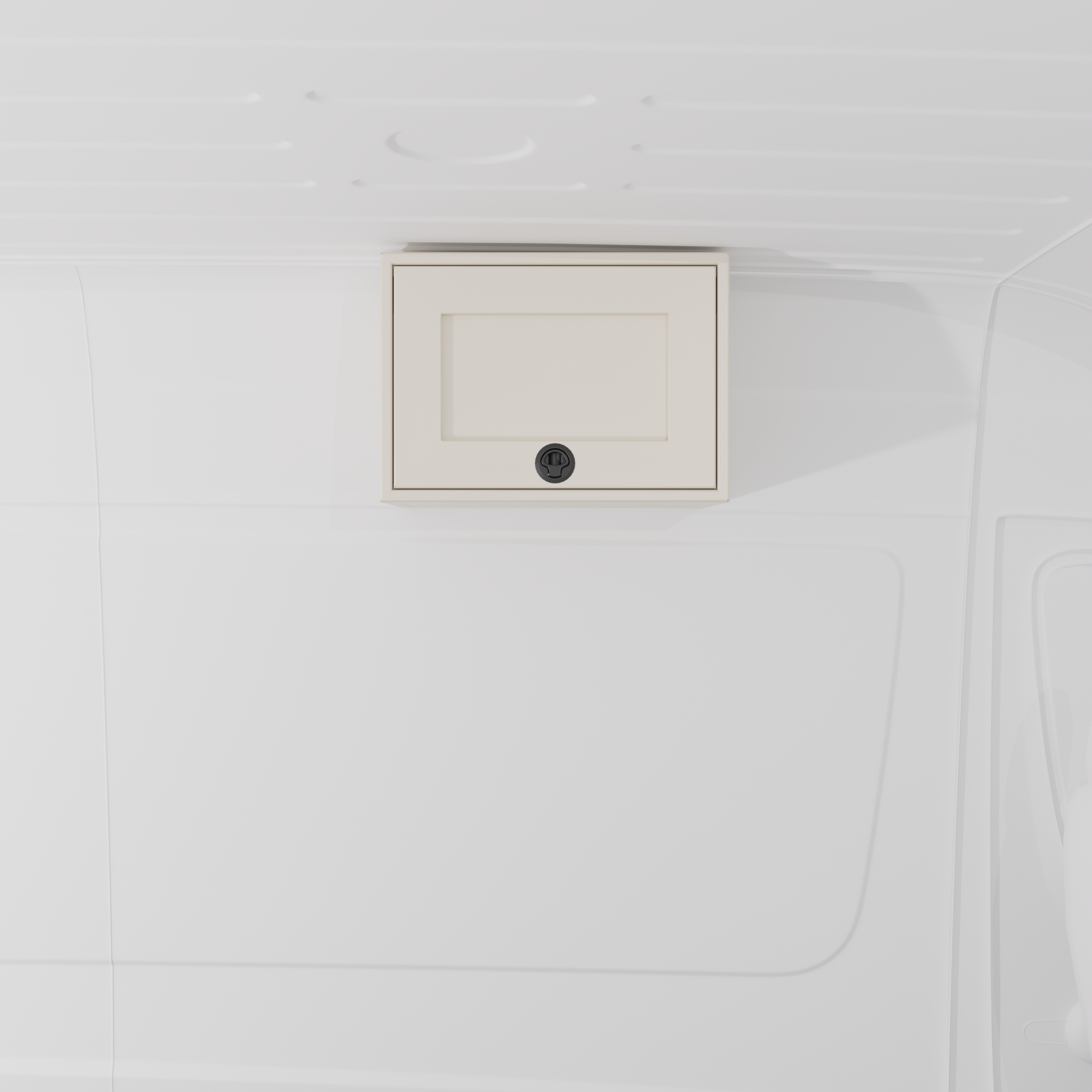 White 21-inch wide aluminum angled upper Van Wife Components cabinet with a single shaker-style door & flush slam latch mounted in a van