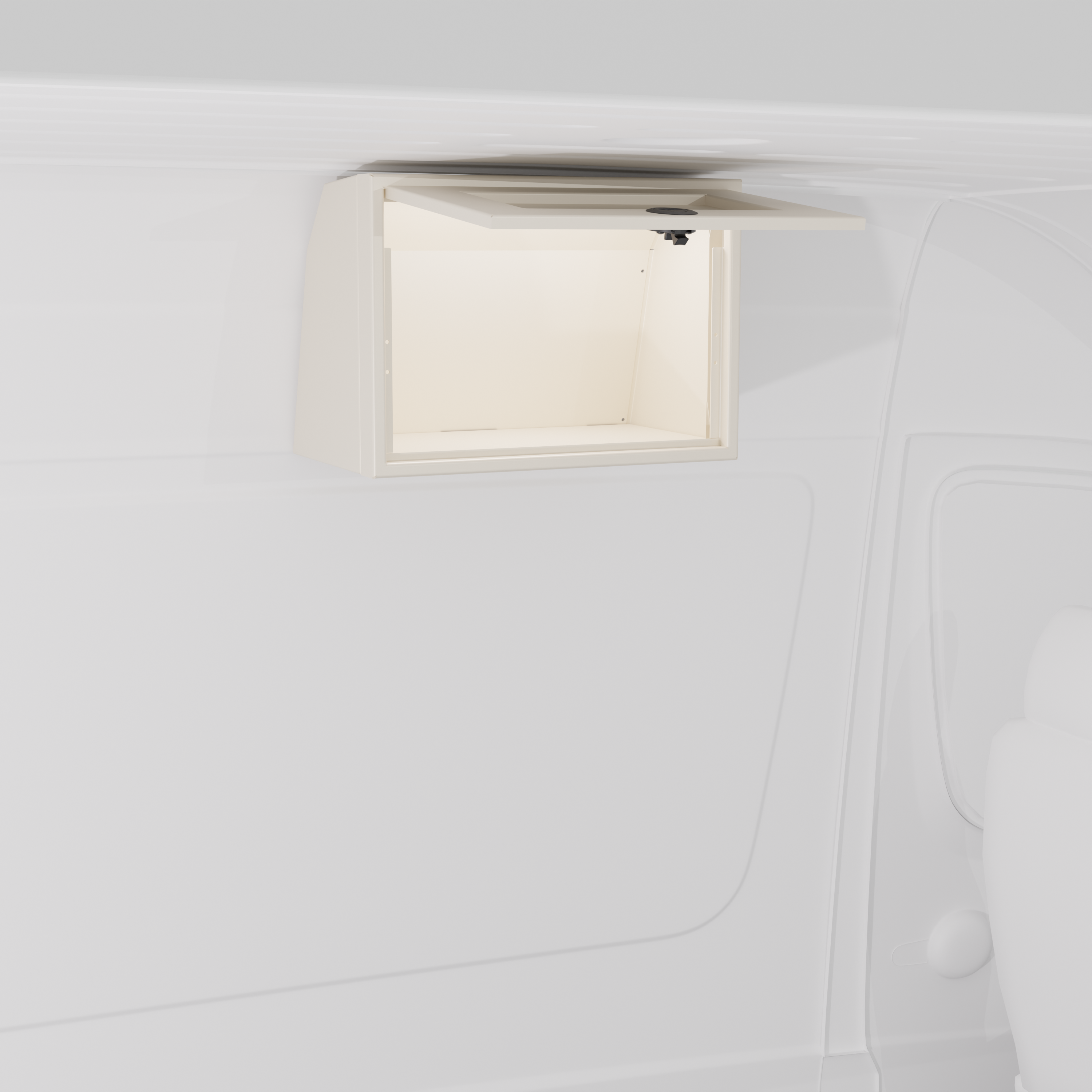 White 21-inch wide aluminum angled upper Van Wife Components cabinet with a single shaker-style door & flush slam latch mounted in a van