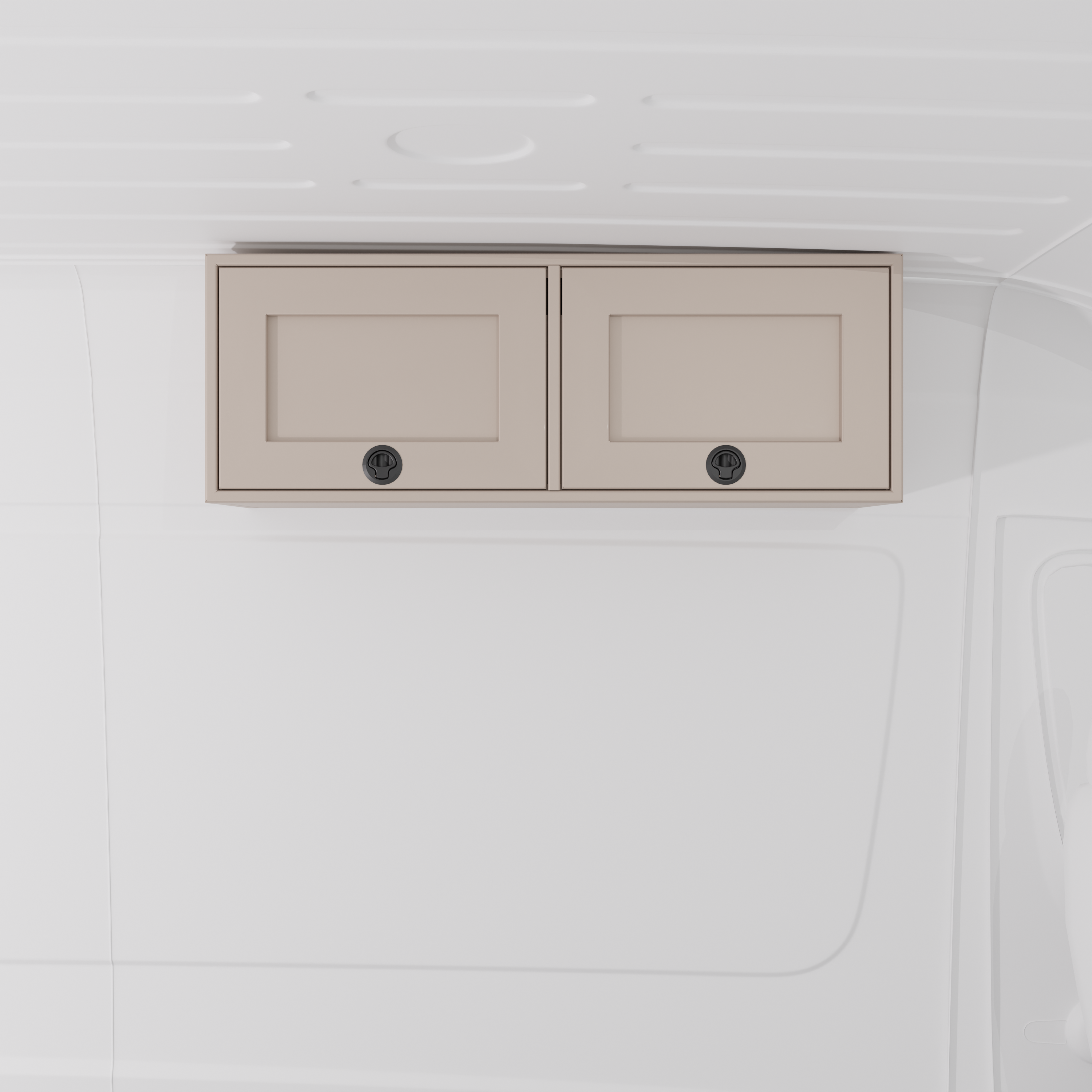 Sandstone 42-inch wide aluminum angled upper Van Wife Components cabinet with two shaker-style doors & flush slam latches mounted in a van