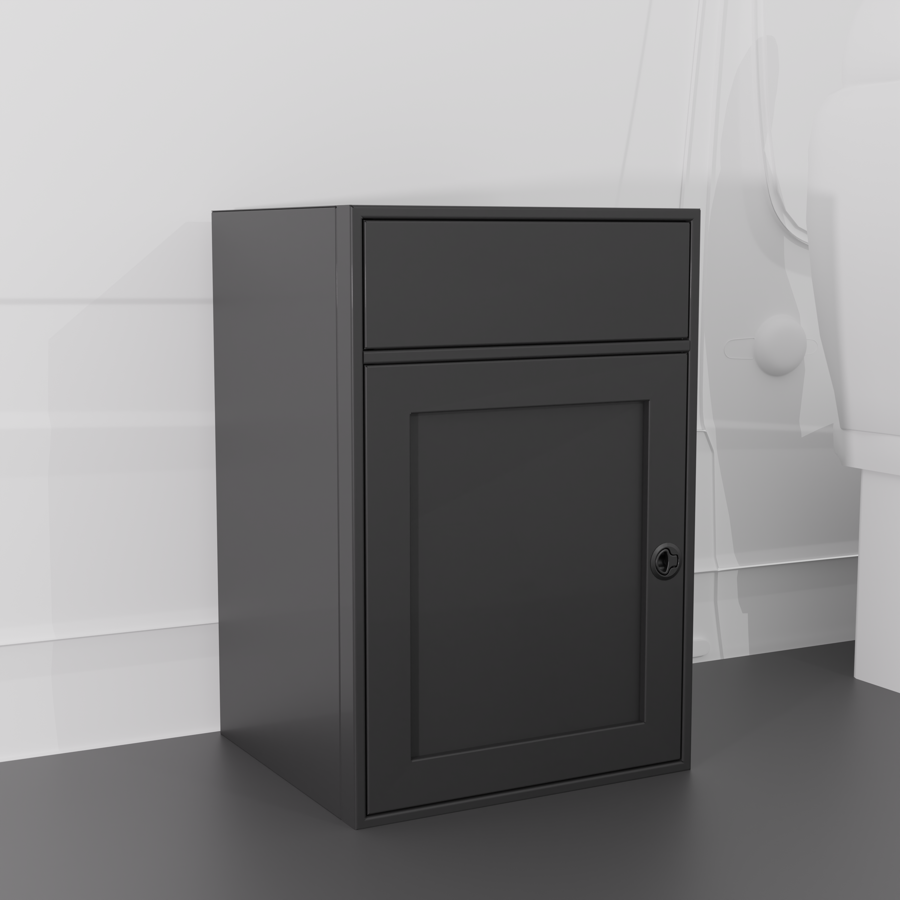 Black 24-inch wide, 22-inch deep, 36-in tall aluminum sink base cabinet with a single shaker-style lower door and a structural top designed to house an RV sink installed in a van