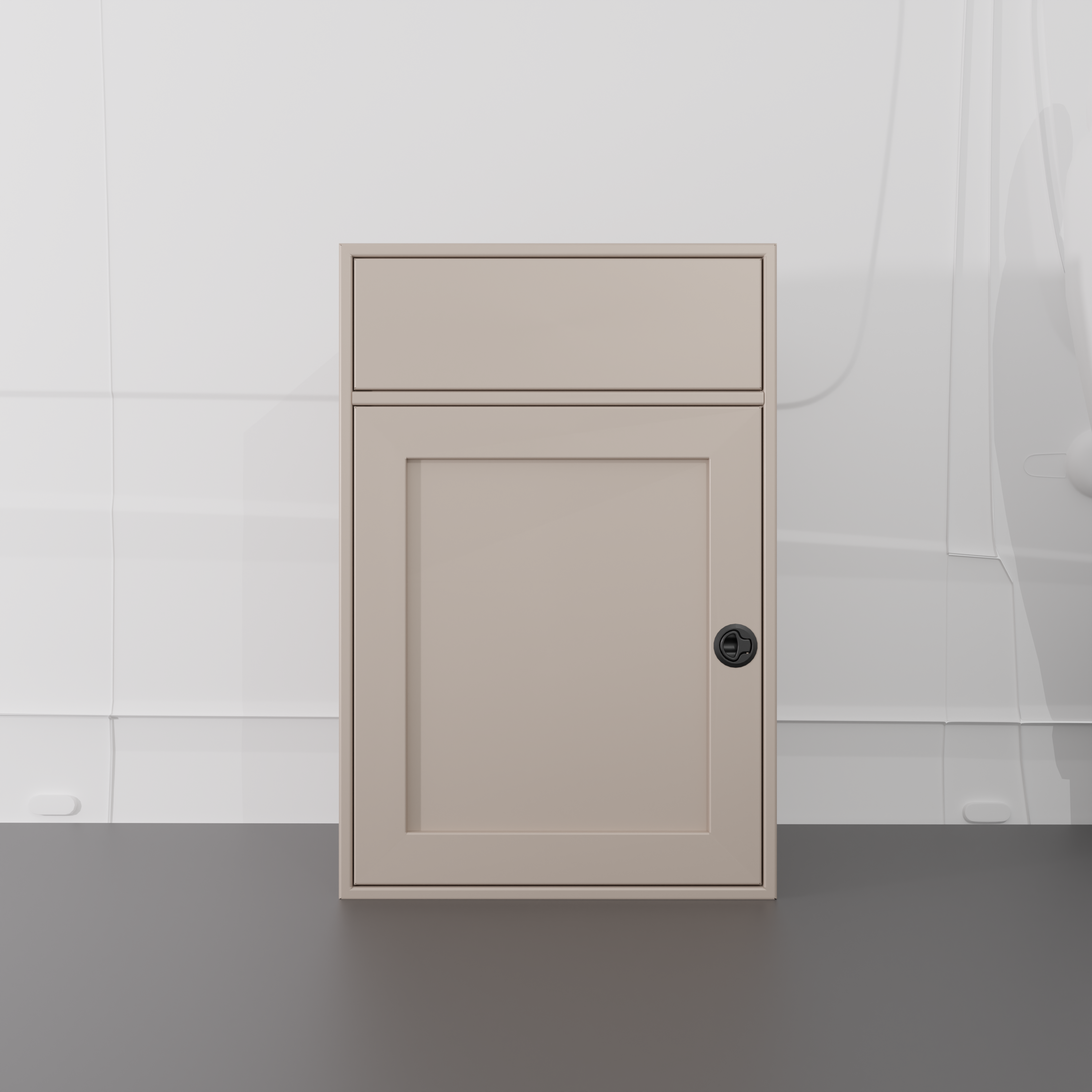 Sandstone 24-inch wide, 22-inch deep, 36-in tall aluminum sink base cabinet with a single shaker-style lower door and a structural top designed to house an RV sink installed in a van