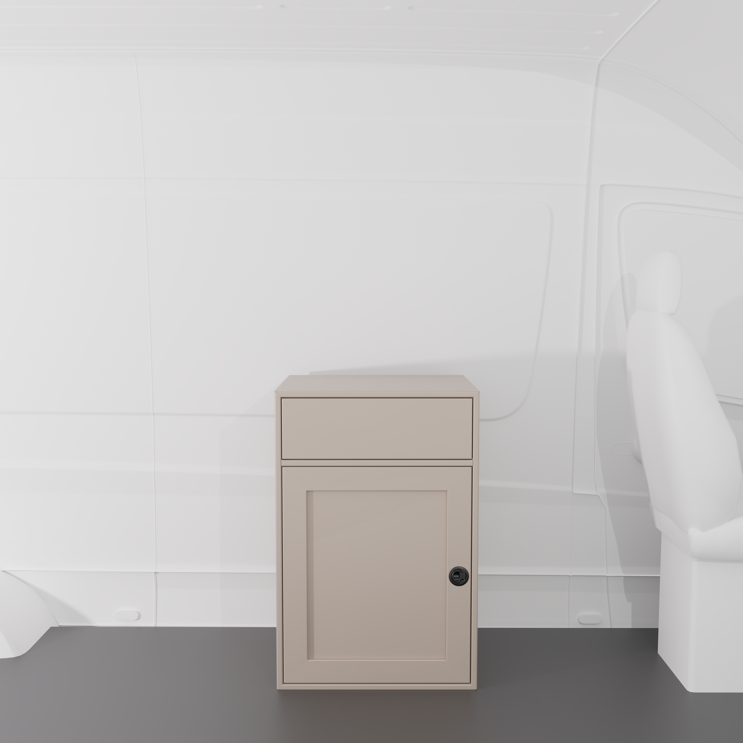 Sandstone 24-inch wide, 22-inch deep, 36-in tall aluminum sink base cabinet with a single shaker-style lower door and a structural top designed to house an RV sink installed in a van