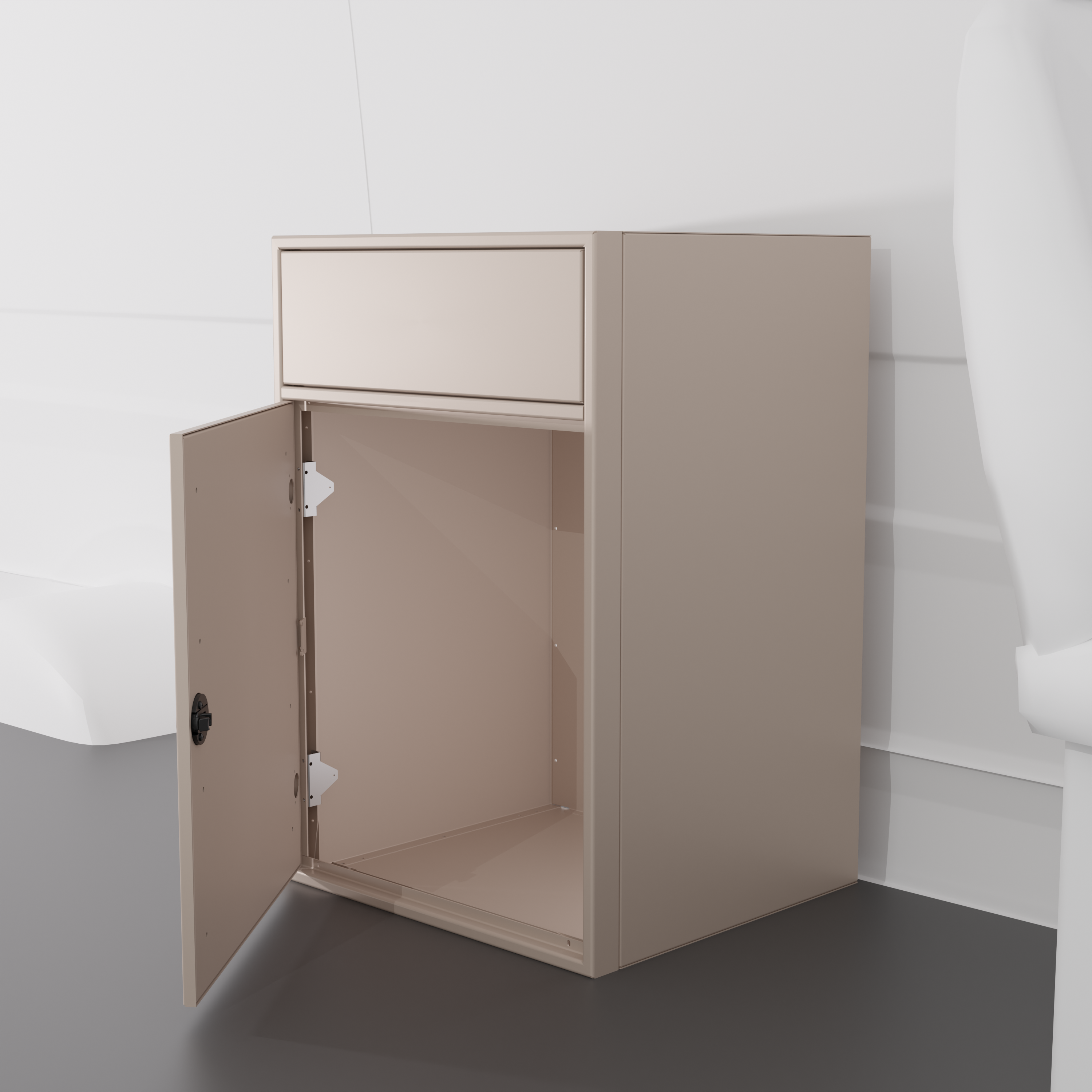 Sandstone 24-inch wide, 22-inch deep, 36-in tall aluminum sink base cabinet with a single shaker-style lower door and a structural top designed to house an RV sink installed in a van