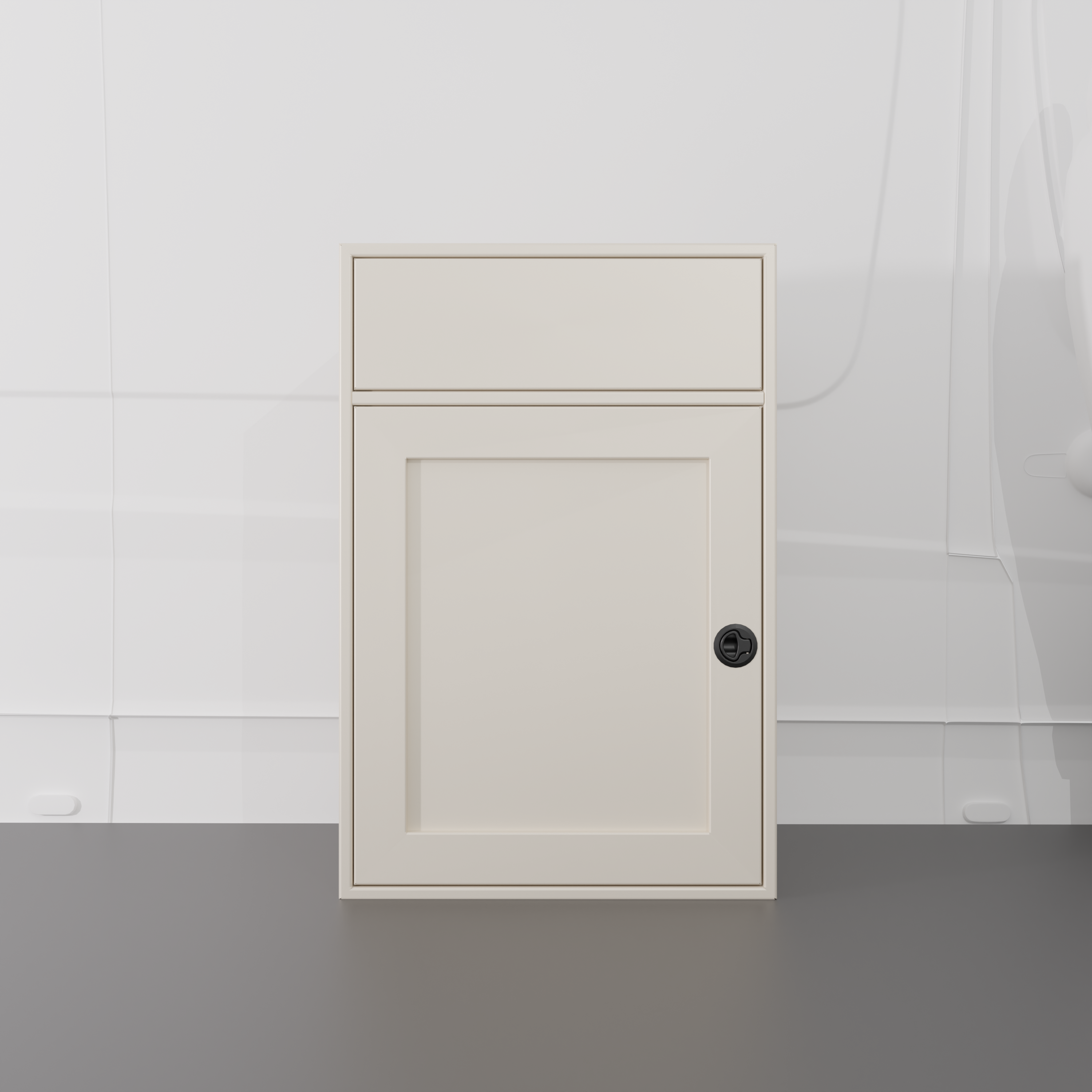 White 24-inch wide, 22-inch deep, 36-in tall aluminum sink base cabinet with a single shaker-style lower door and a structural top designed to house an RV sink installed in a van