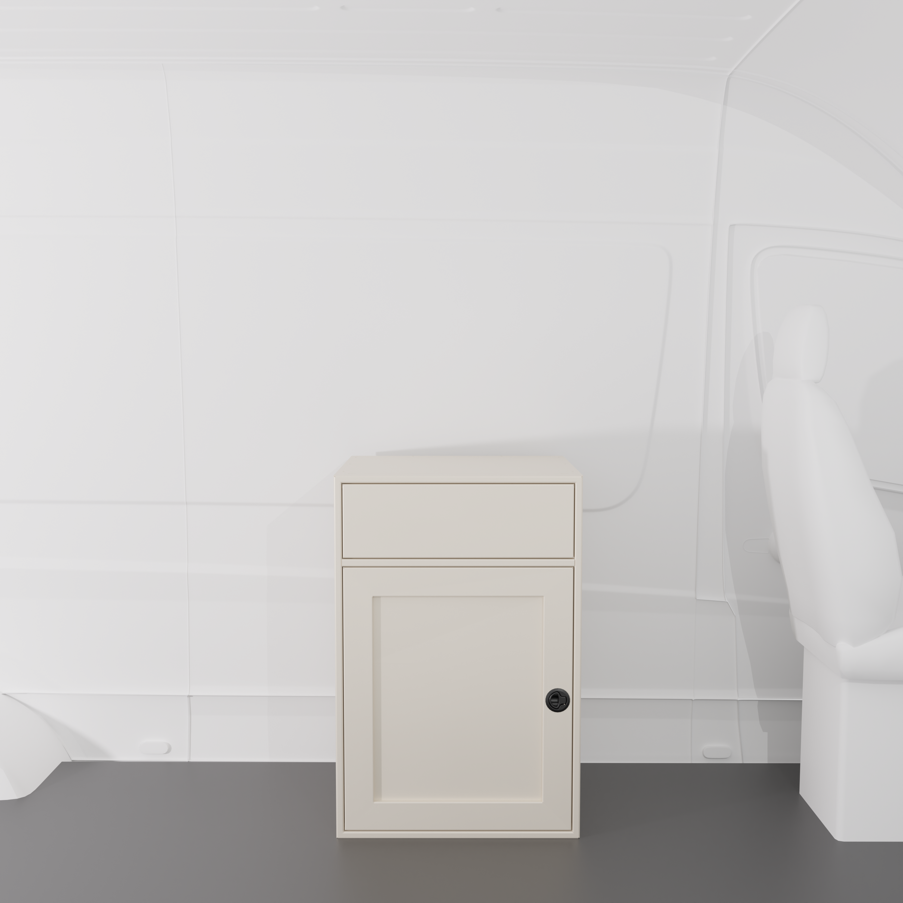 White 24-inch wide, 22-inch deep, 36-in tall aluminum sink base cabinet with a single shaker-style lower door and a structural top designed to house an RV sink installed in a van