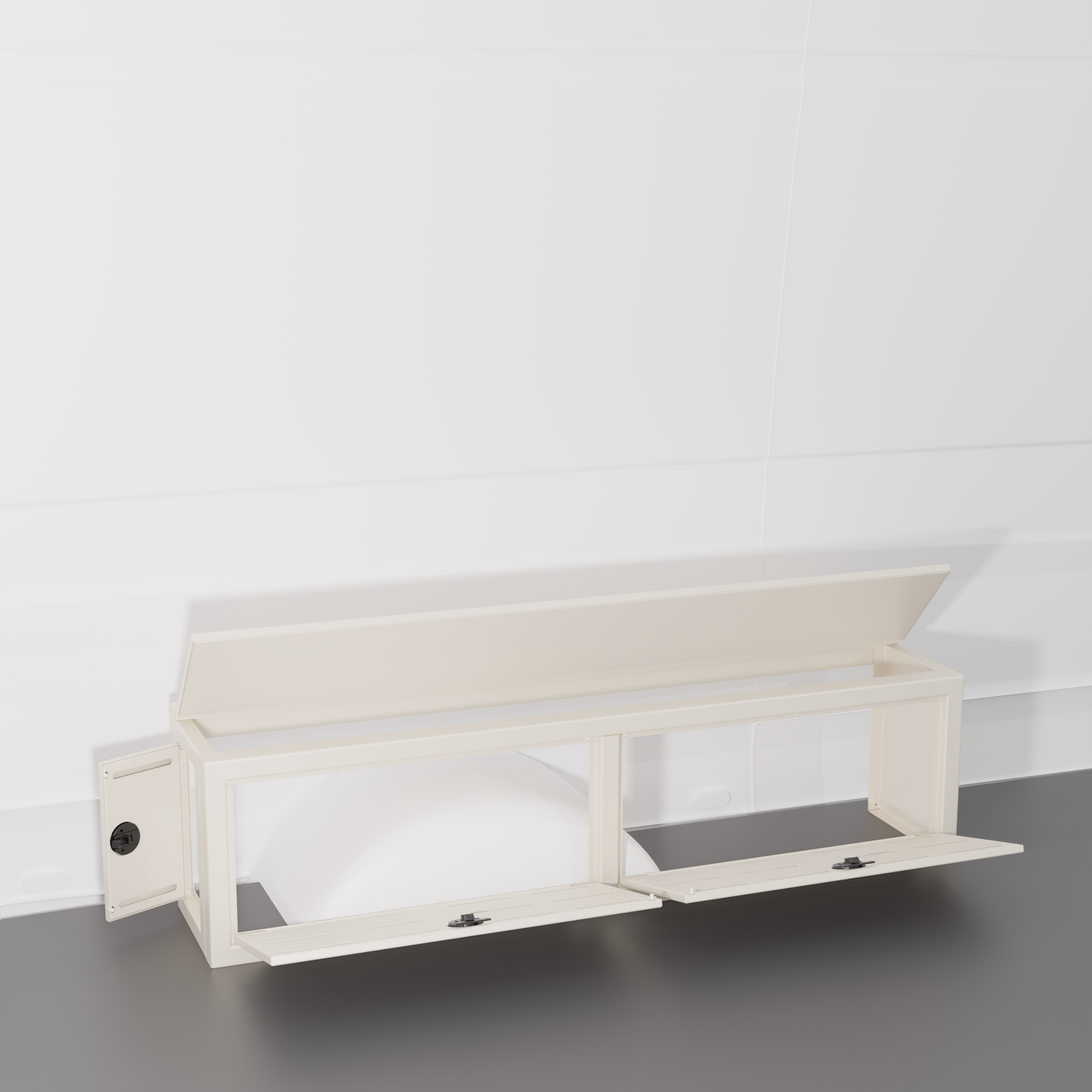 WHITE colored 12" Wheel Well Cover by Van Wife Components - 12” Deep x 60" Wide - Features 2 front access doors, one rear access door, and optional flip-top lid.