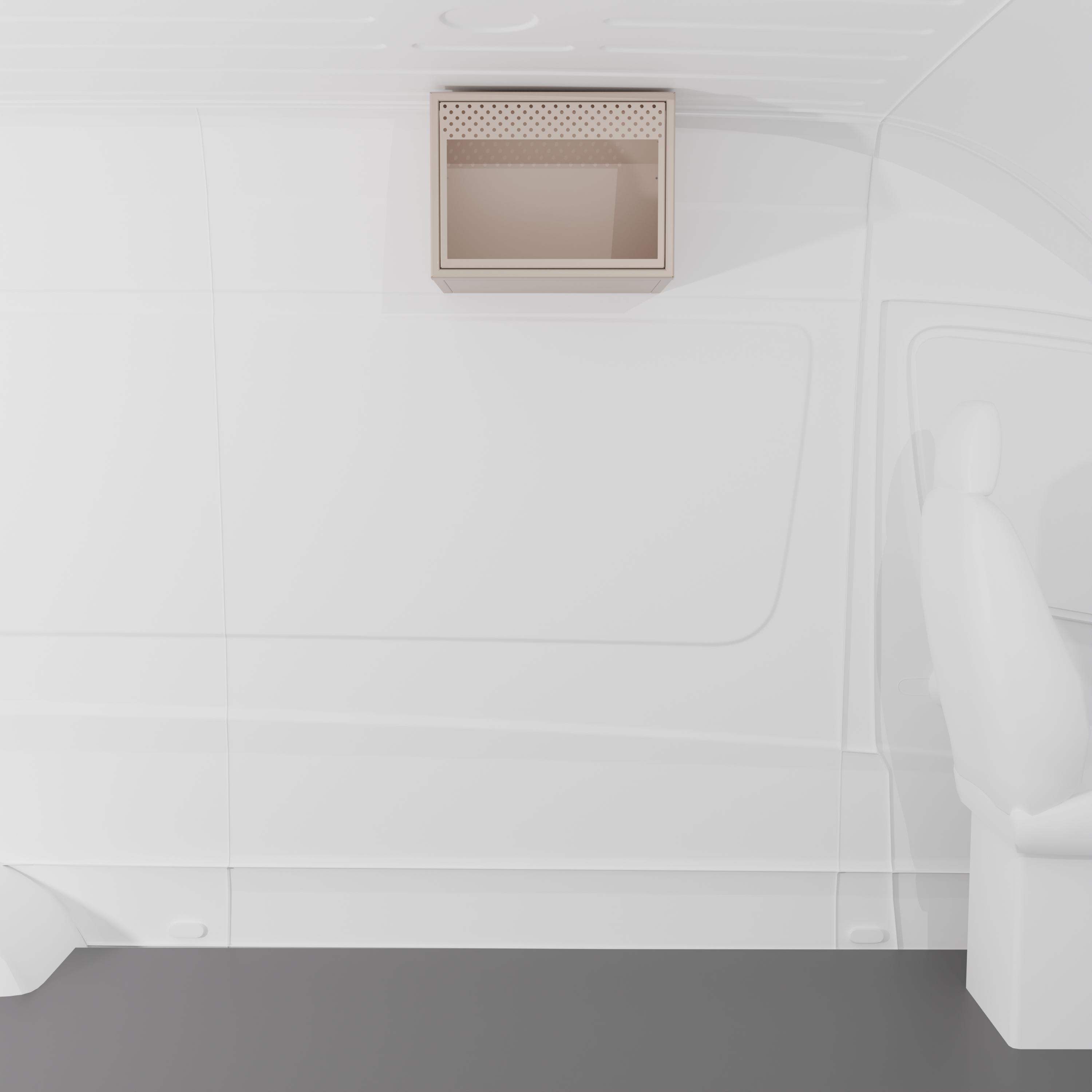 Sandstone 20-inch aluminum upper van cabinet with a front opening specifically sized for an integrated .7 cubic foot microwave installed in a van