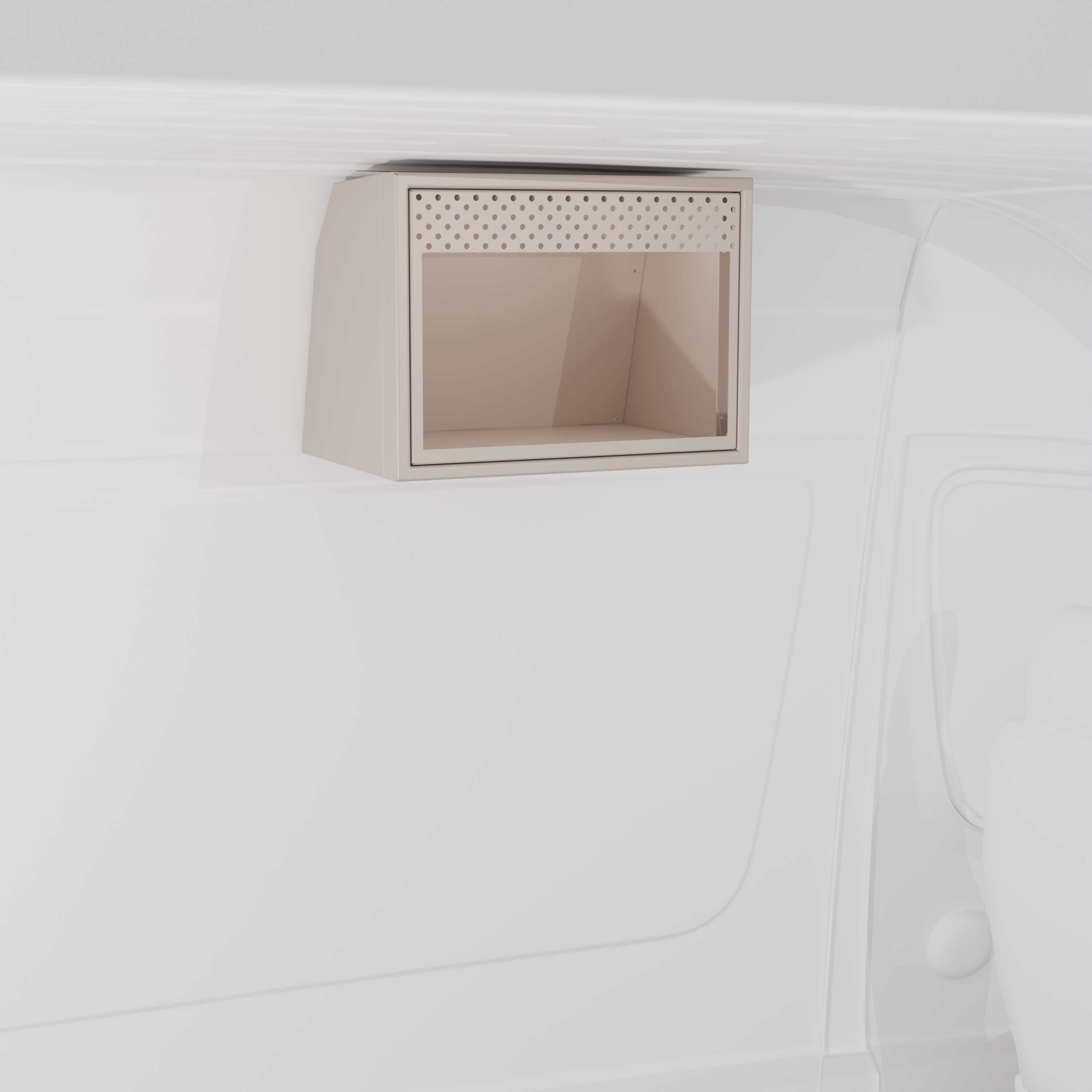Sandstone 20-inch aluminum upper van cabinet with a front opening specifically sized for an integrated .7 cubic foot microwave installed in a van