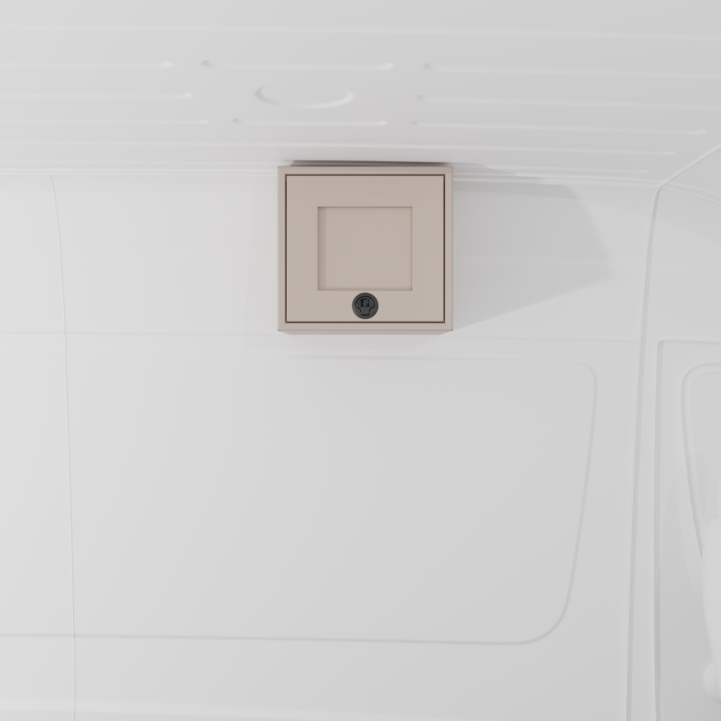 Sandstone 16-inch wide aluminum angled upper Van Wife Components cabinet with a single shaker-style door & flush slam latch mounted in a van