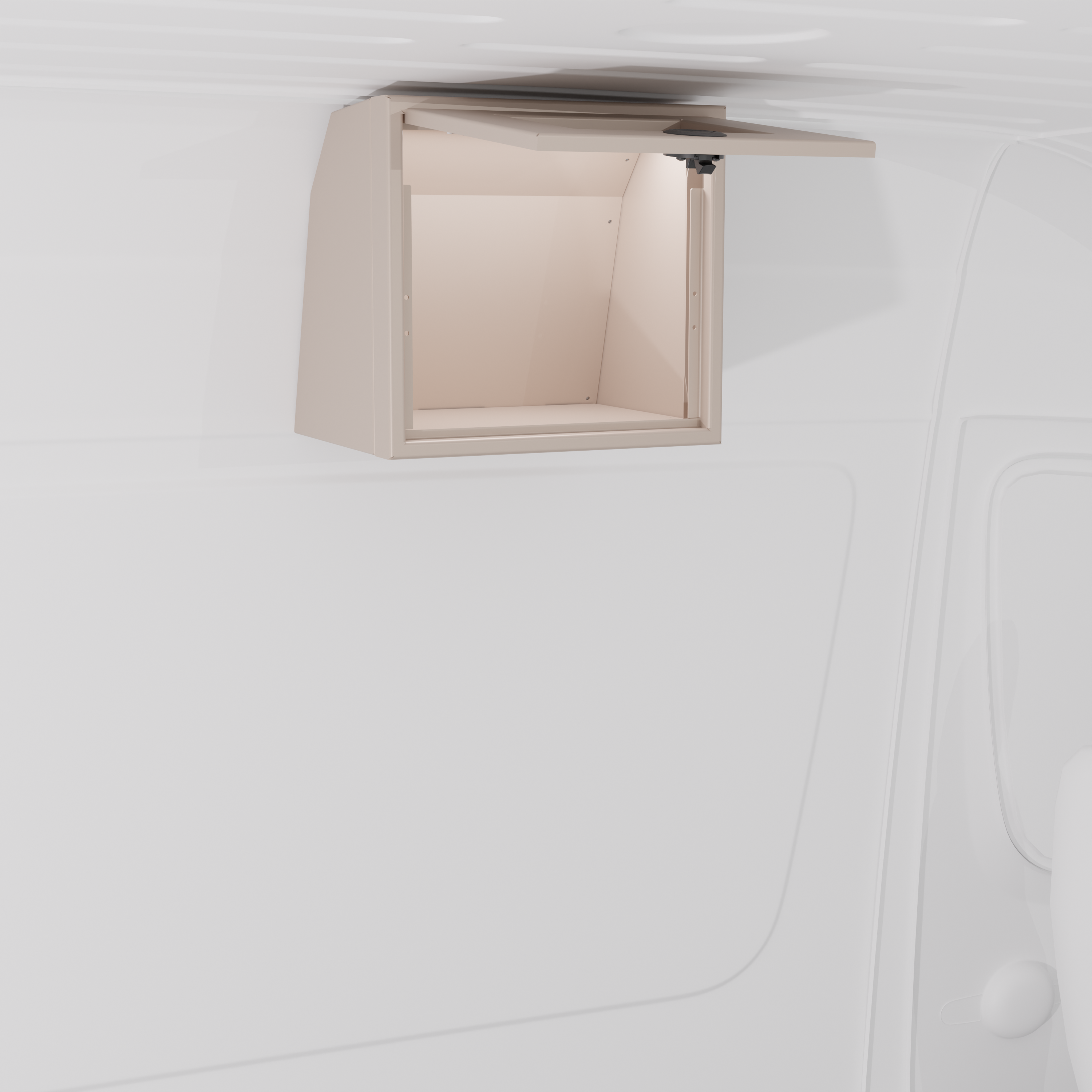 Sandstone 16-inch wide aluminum angled upper Van Wife Components cabinet with a single shaker-style door & flush slam latch mounted in a van