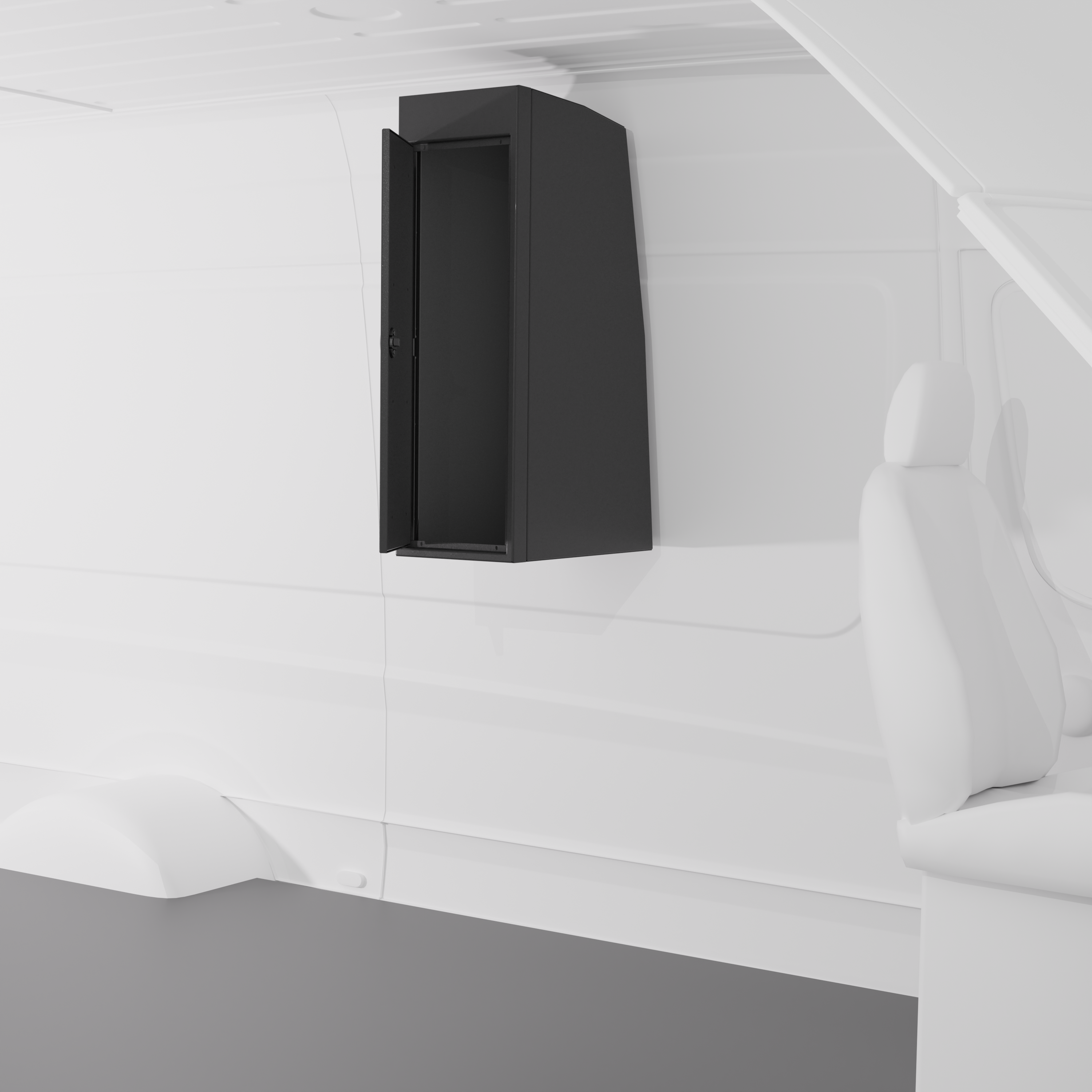 Black 12-inch wide vertical aluminum upper van closet showing a single shaker-style door with flush slam latch installed in van.