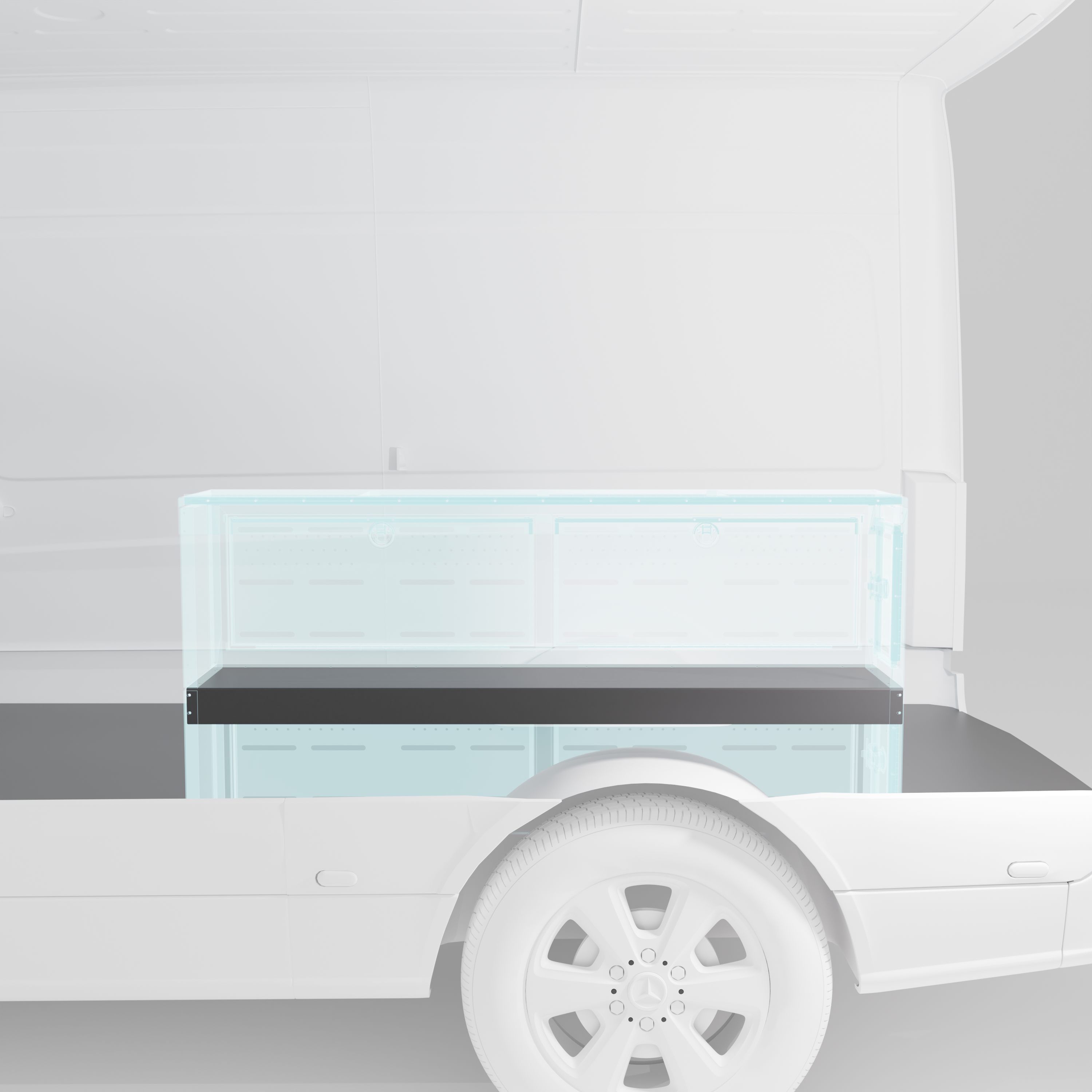 Black powder-coated aluminum divider shelf for 12-inch Van Wife Components wheel well cover.