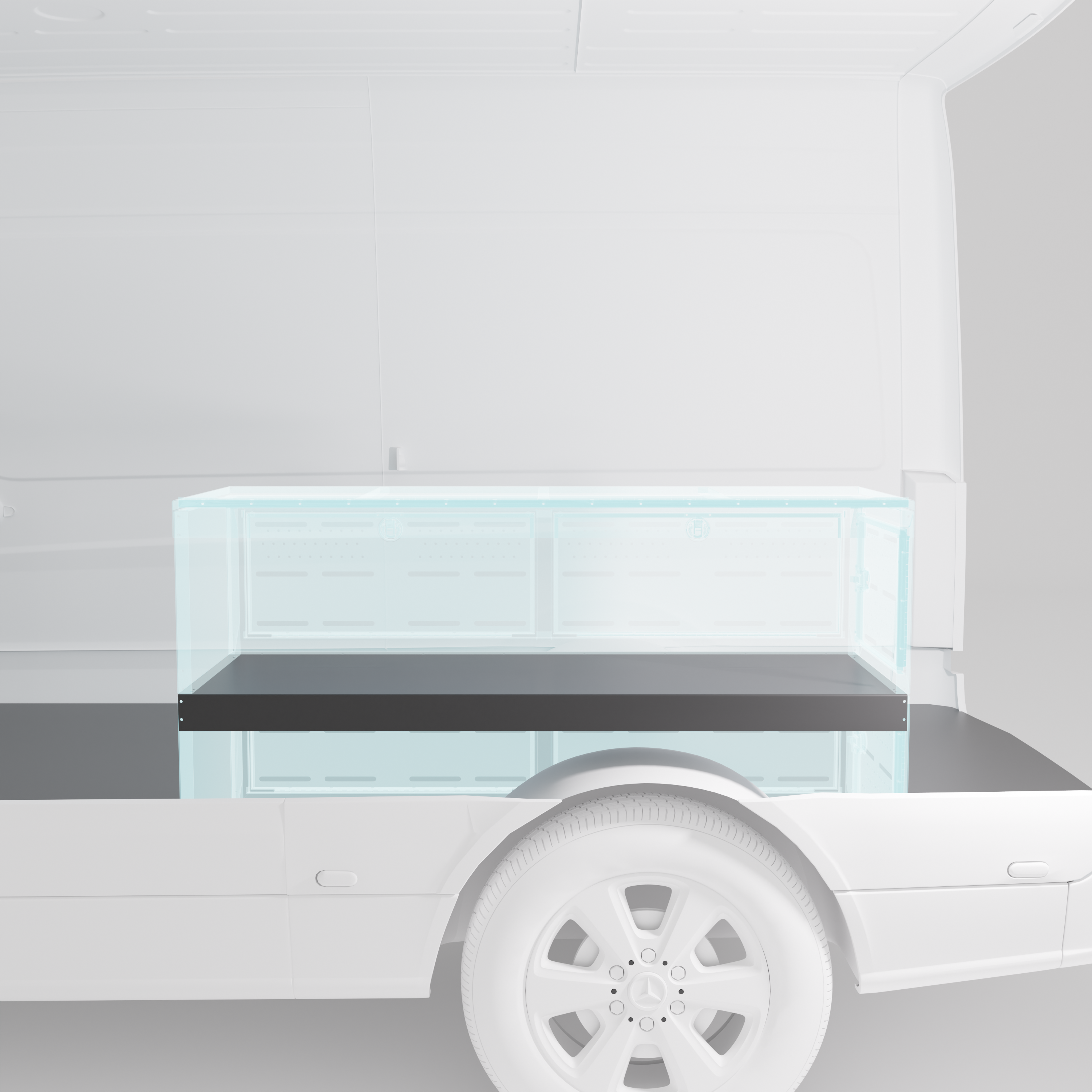 Black powder-coated aluminum shelf for 22-inch Van Wife Components wheel well cover.