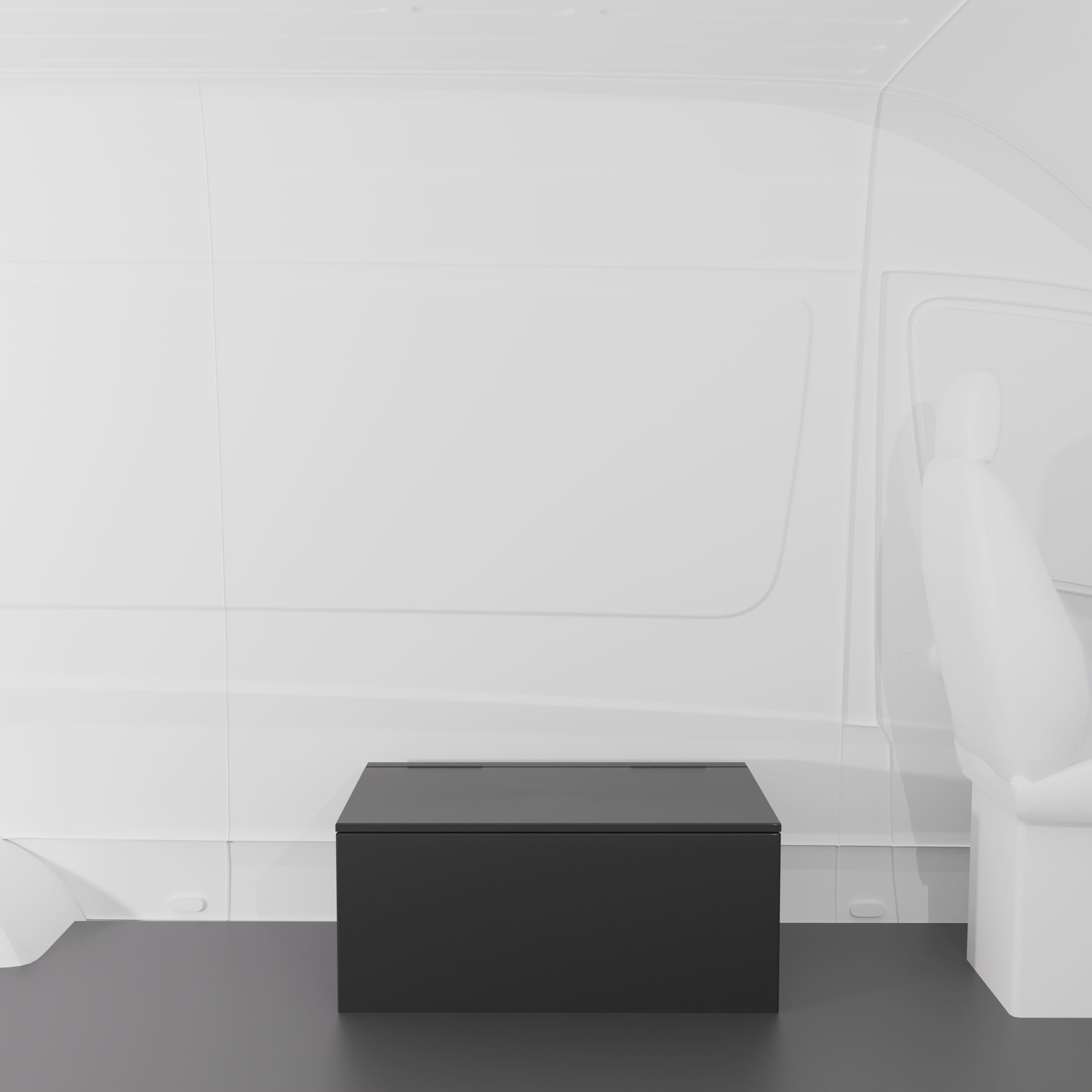 Black 36" x 22” x 16” aluminum storage bench with flip-top lid installed in a van interior.