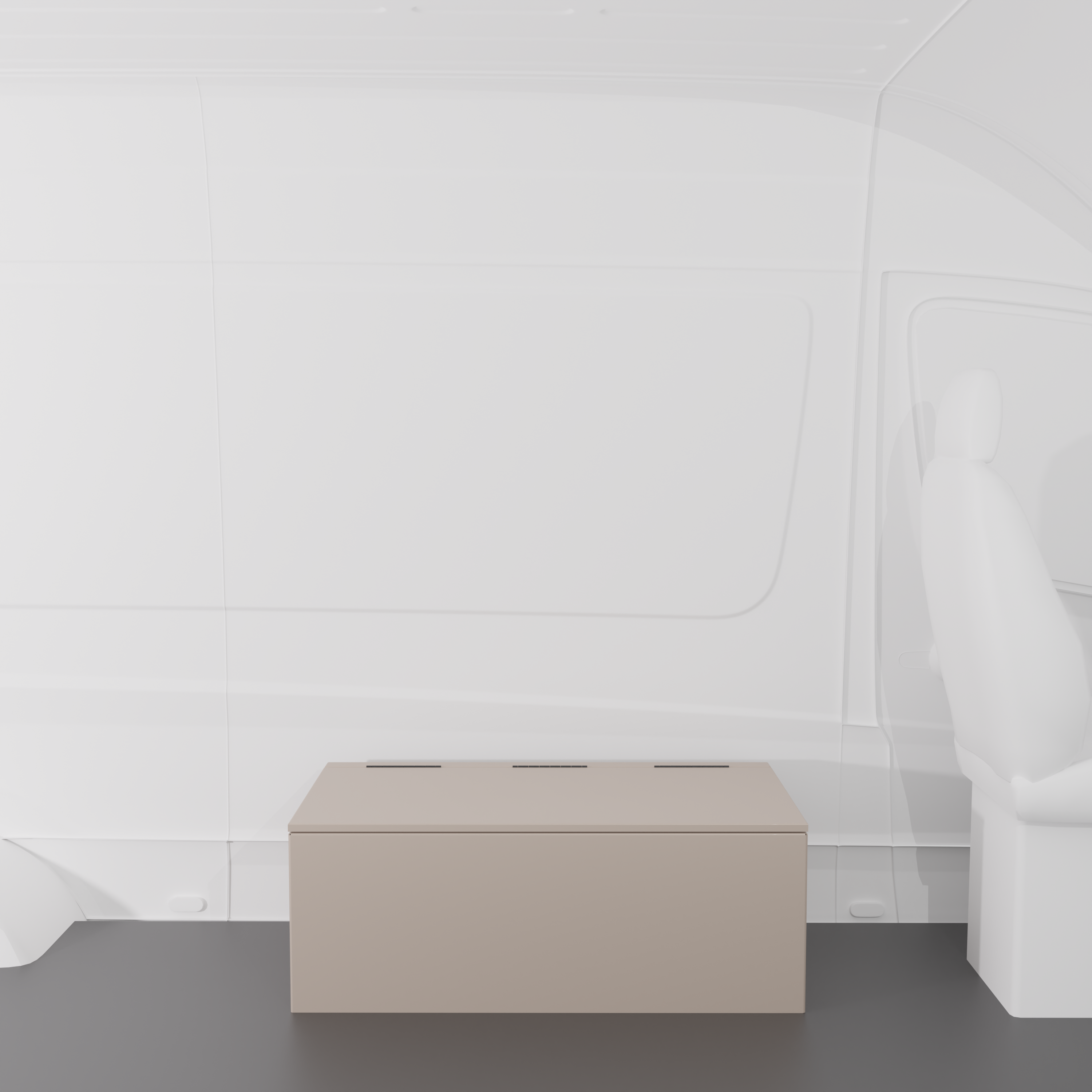 Sandstone 42" x 22β x 16β aluminum storage bench with flip-top lid installed in a van interior.