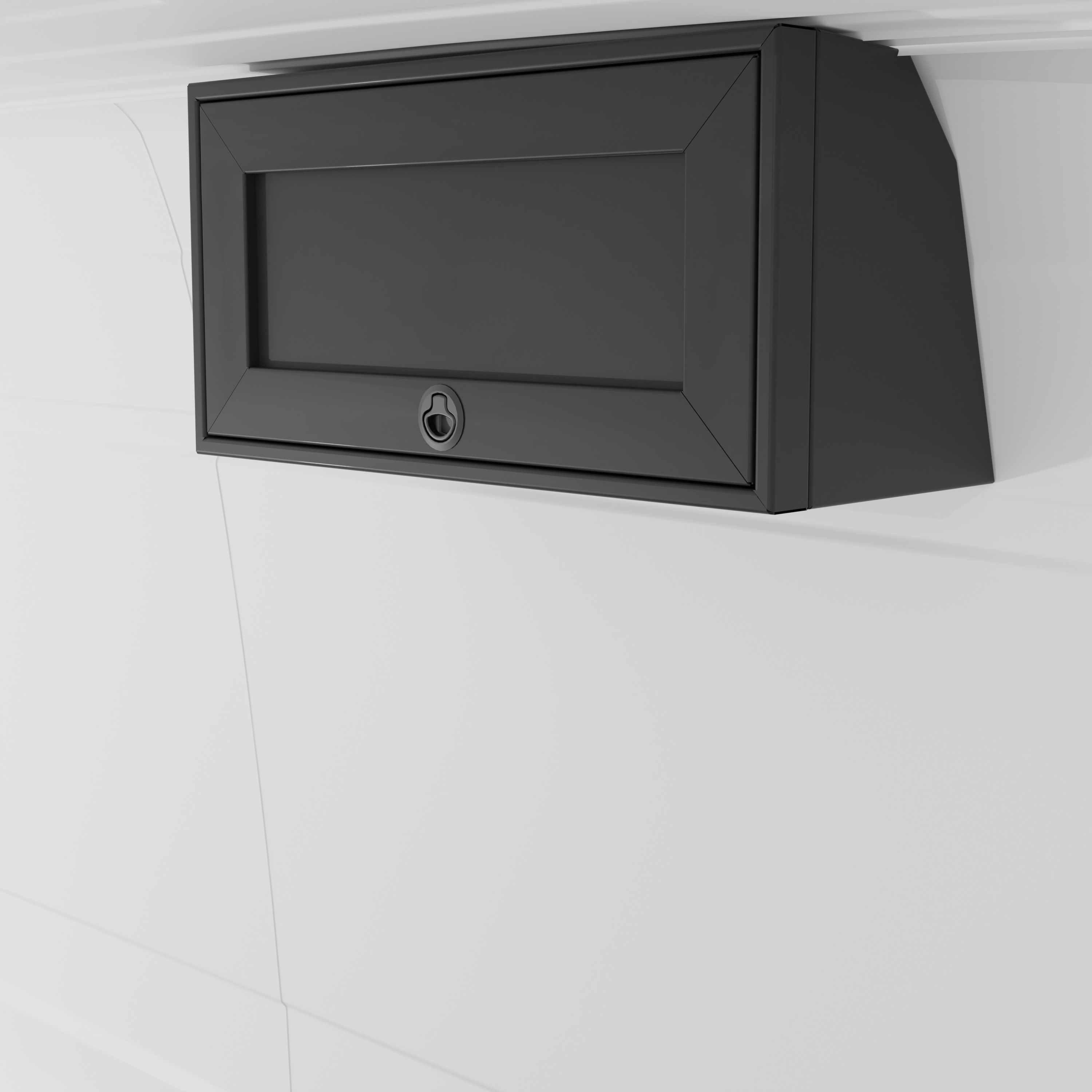 Black 30-inch wide aluminum angled upper Van Wife Components cabinet with a single shaker-style door & flush slam latch mounted in a van