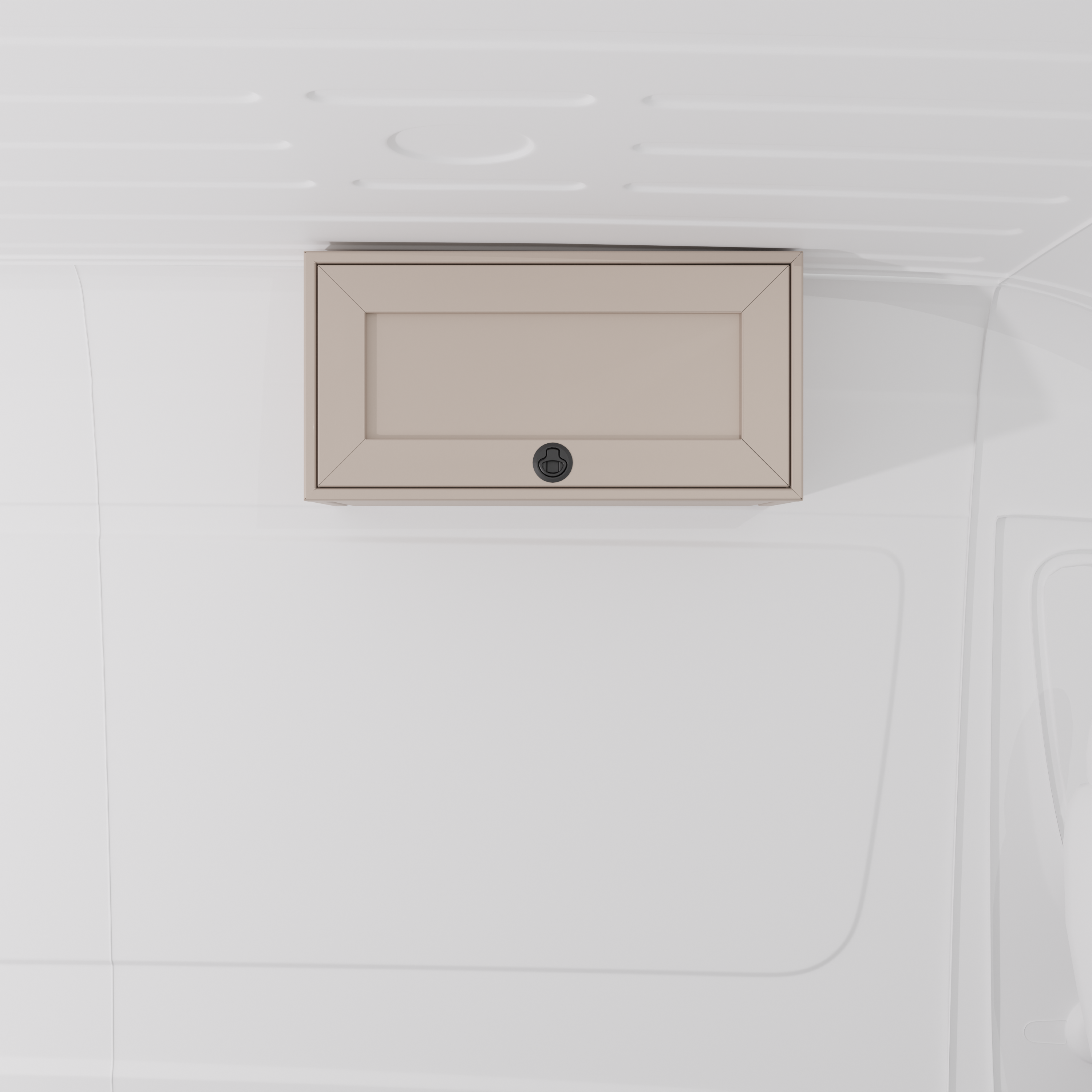 Sandstone 30-inch wide aluminum angled upper Van Wife Components cabinet with a single shaker-style door & flush slam latch mounted in a van