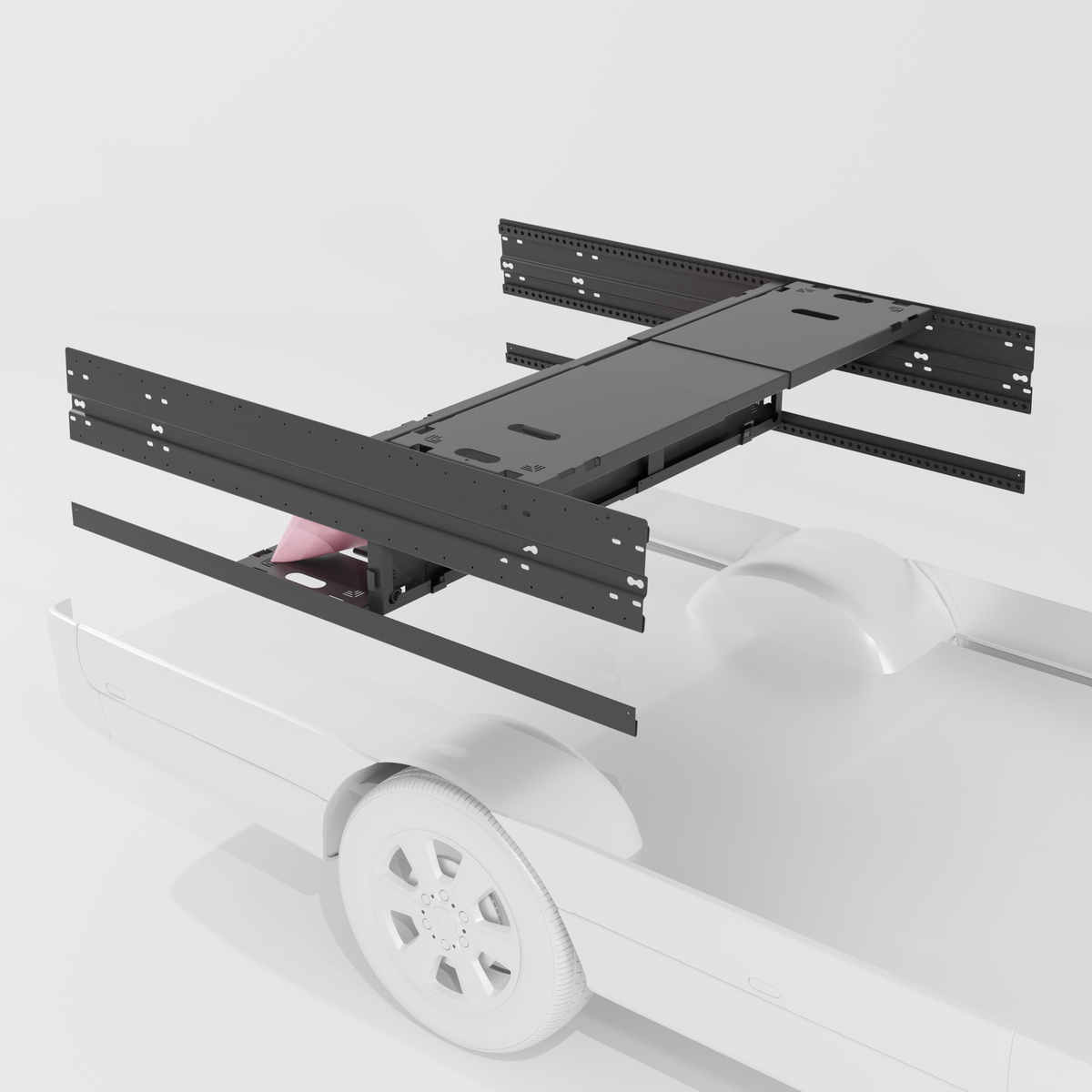 3-panel modular van bed system reconfigured into a bench seat couch setup inside a van.