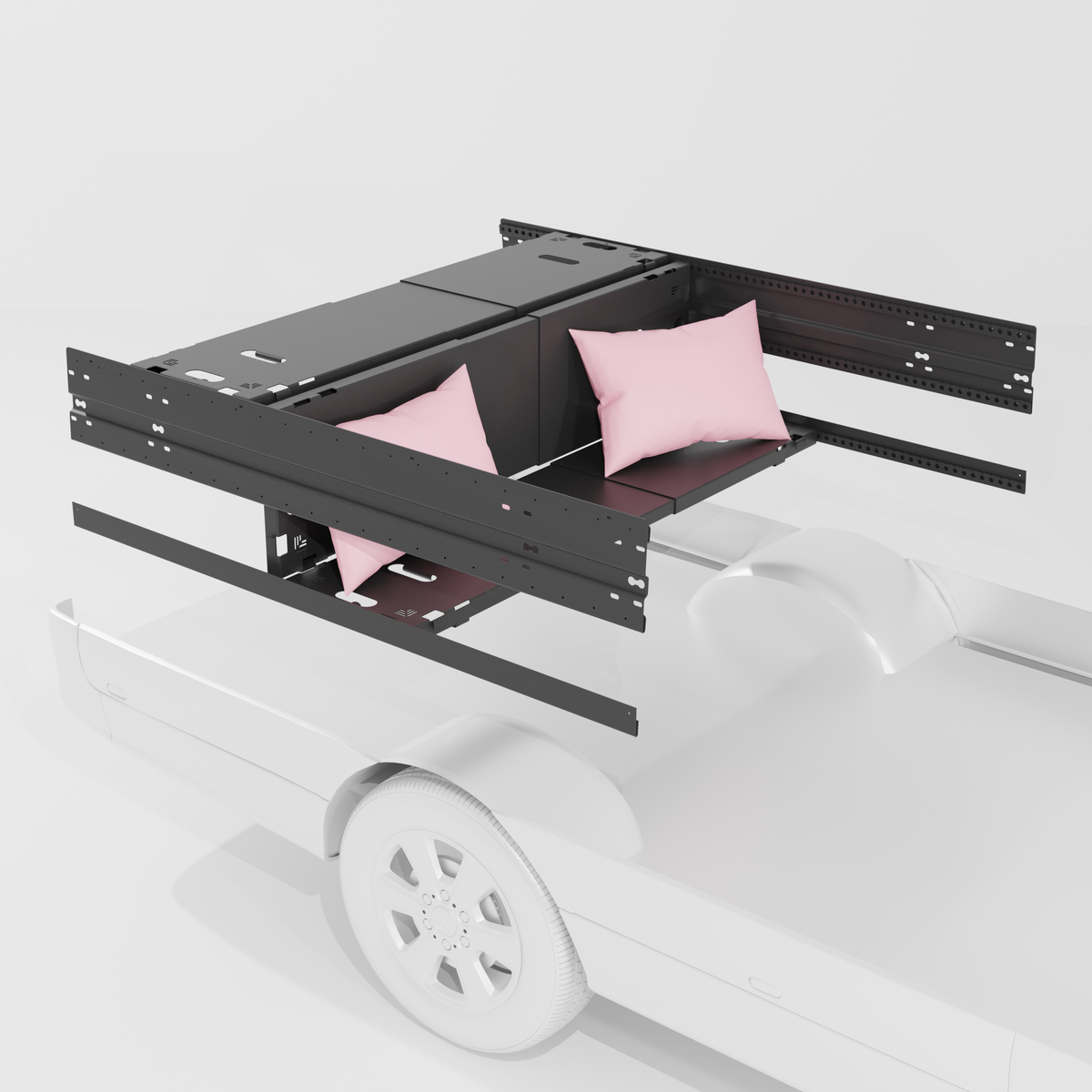 3-panel modular van bed system reconfigured into a bench seat couch setup inside a van.