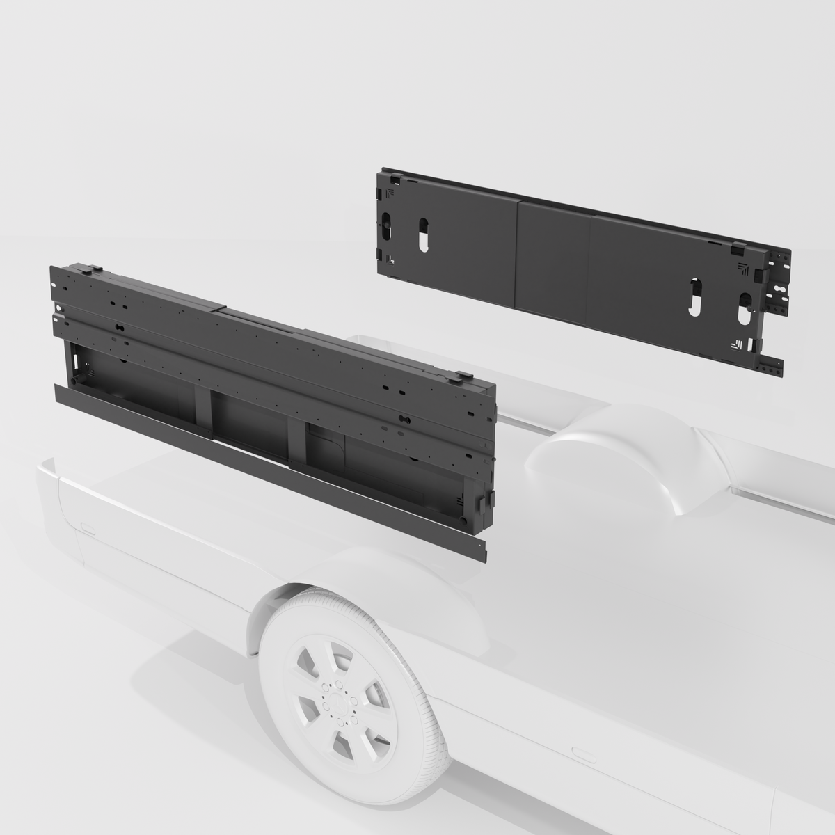3-panel aluminum platform bed panels stowed flat against van interior side walls to maximize rear garage cargo space.