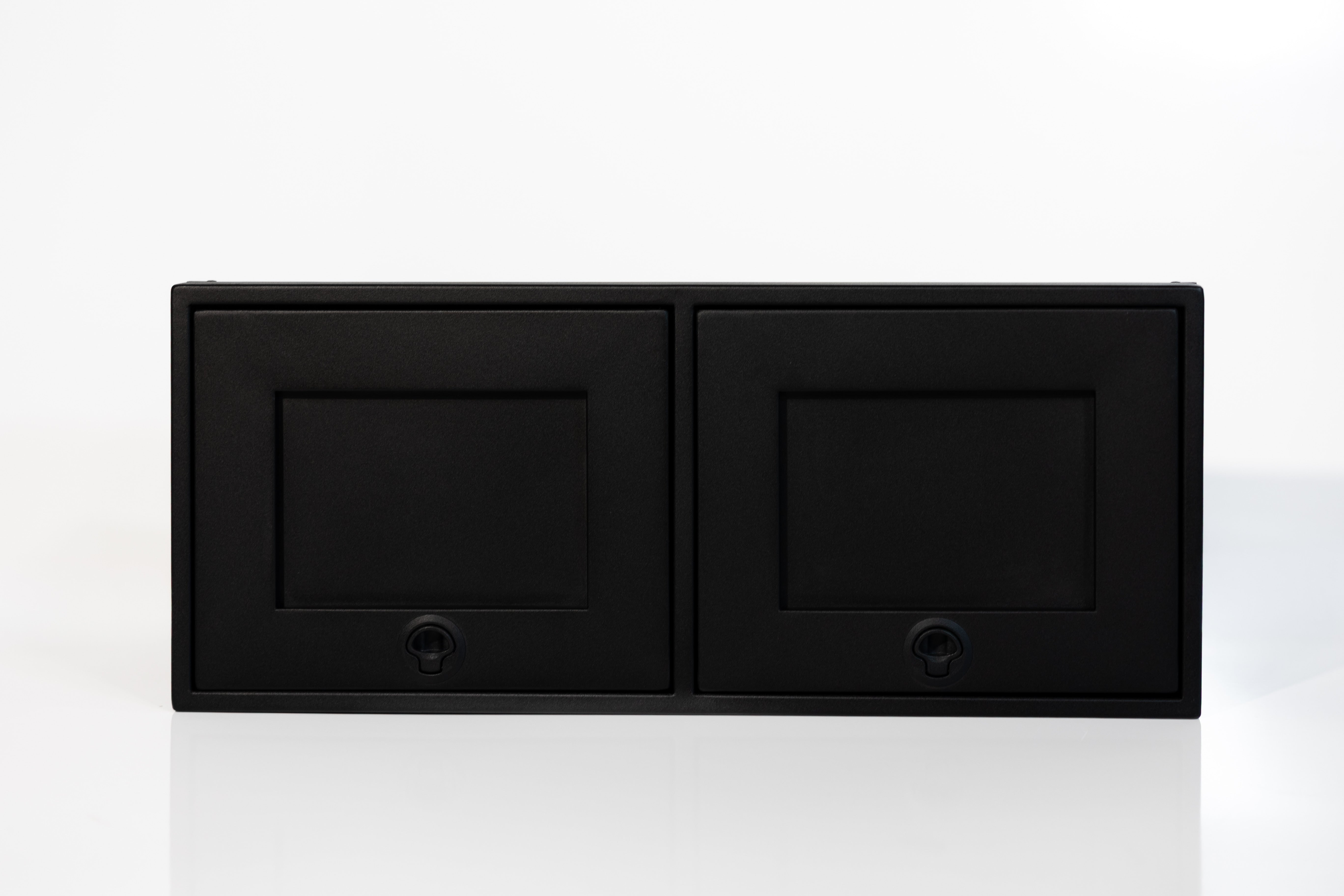 Black 36-inch wide aluminum angled upper Van Wife Components cabinet with two shaker-style doors & flush slam latches