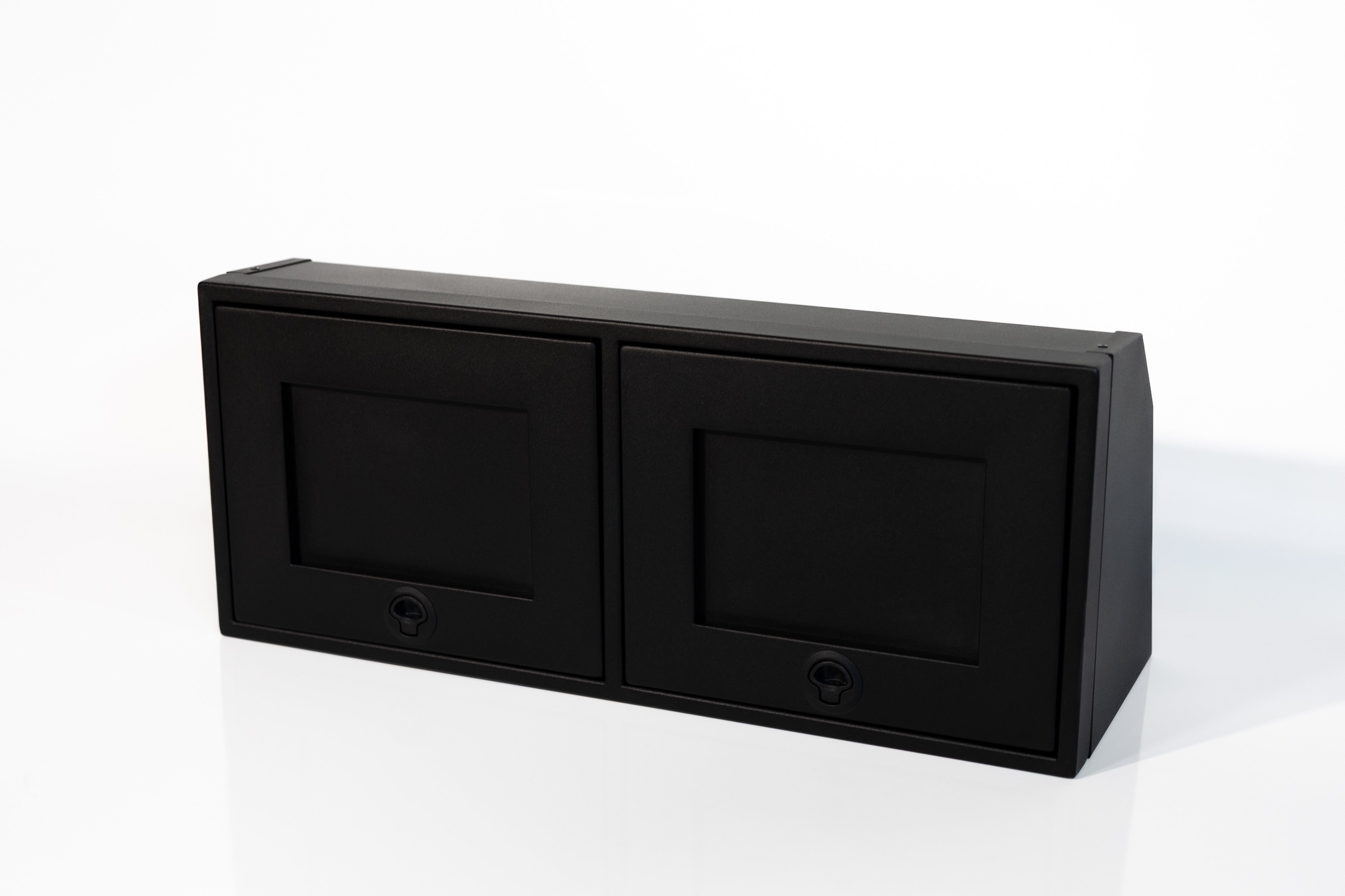 Black 36-inch wide aluminum angled upper Van Wife Components cabinet with two shaker-style doors & flush slam latches