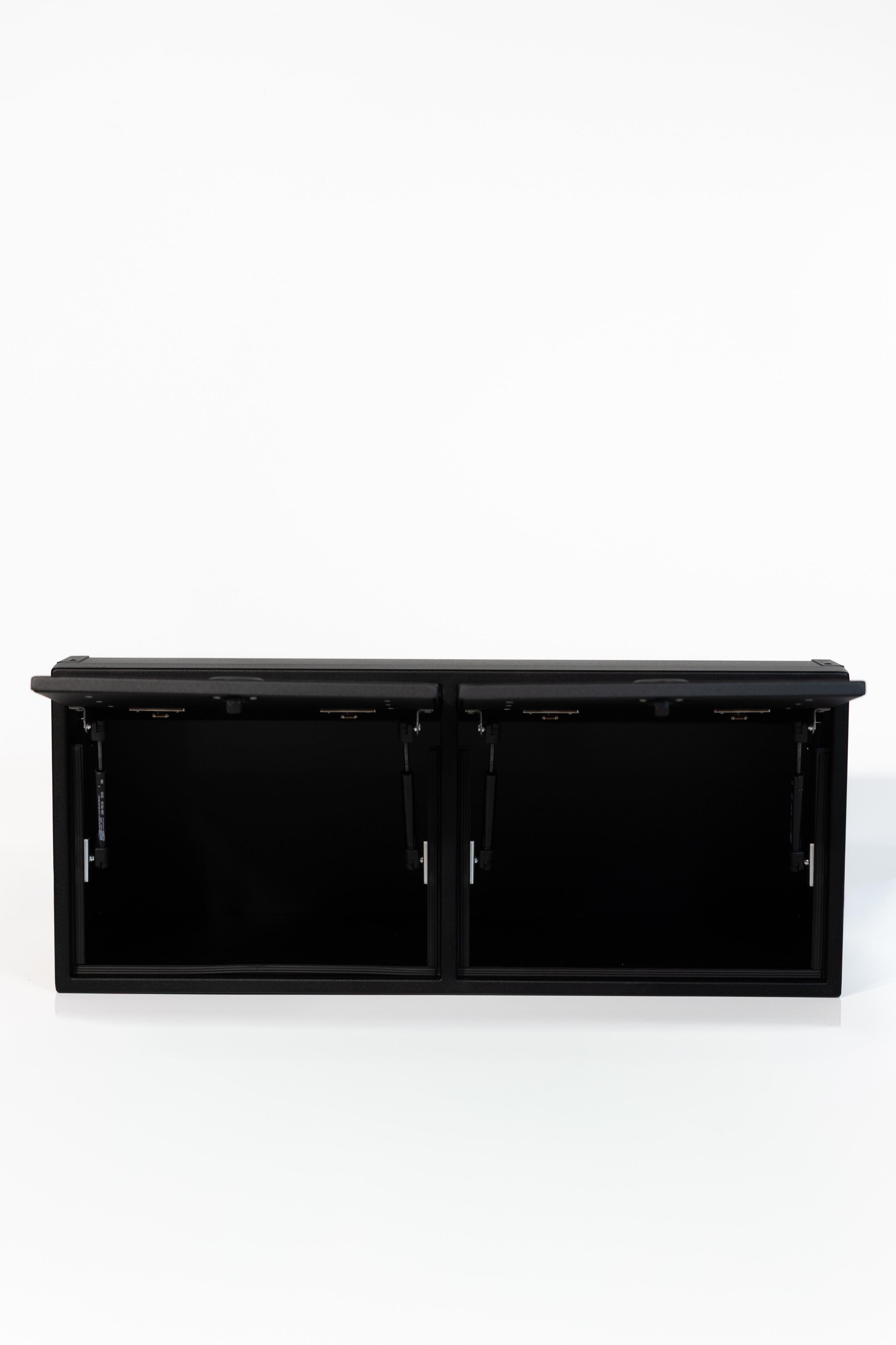 Black 36-inch wide aluminum angled upper Van Wife Components cabinet with two shaker-style doors & flush slam latches