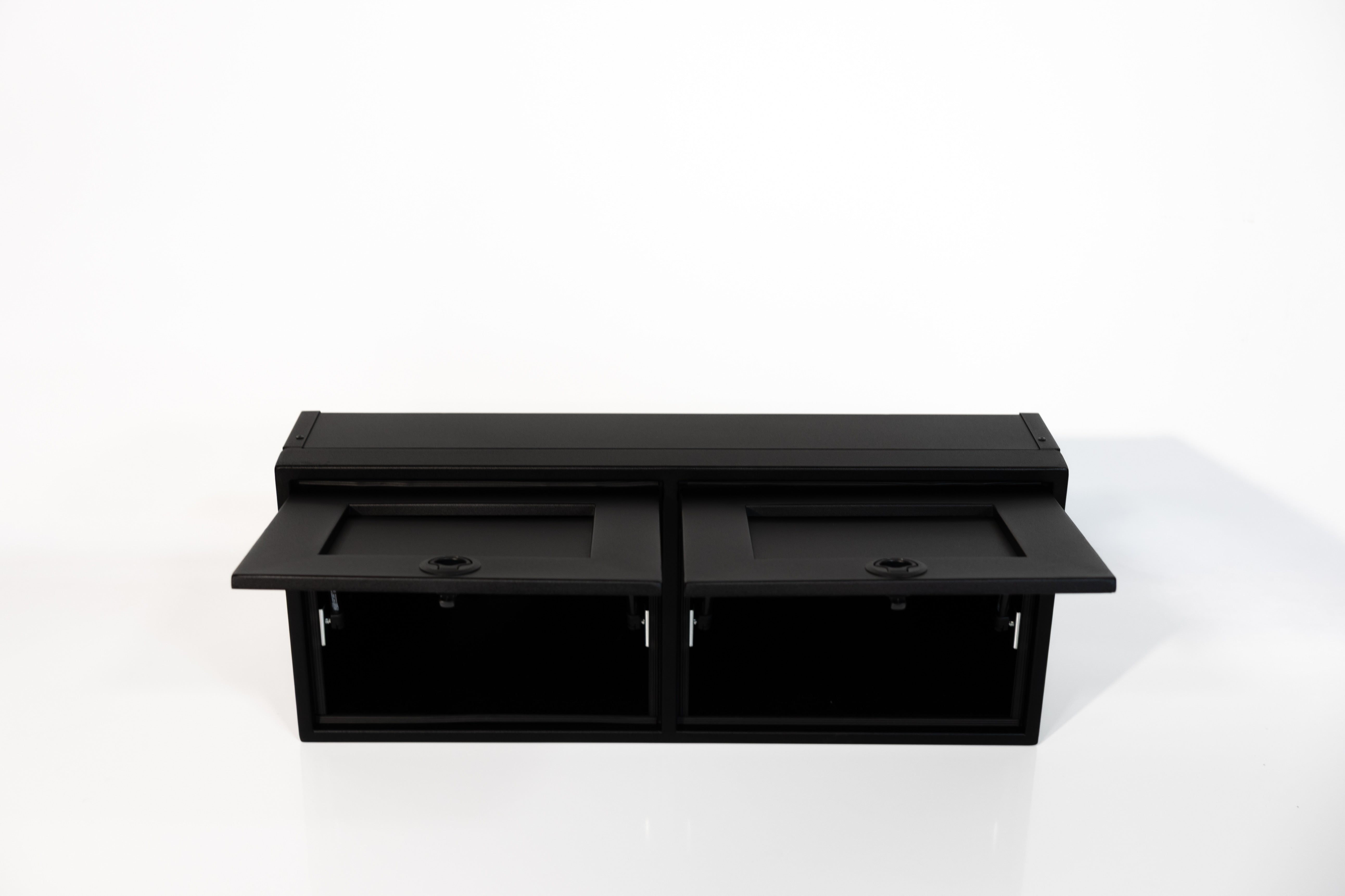 Black 36-inch wide aluminum angled upper Van Wife Components cabinet with two shaker-style doors & flush slam latches