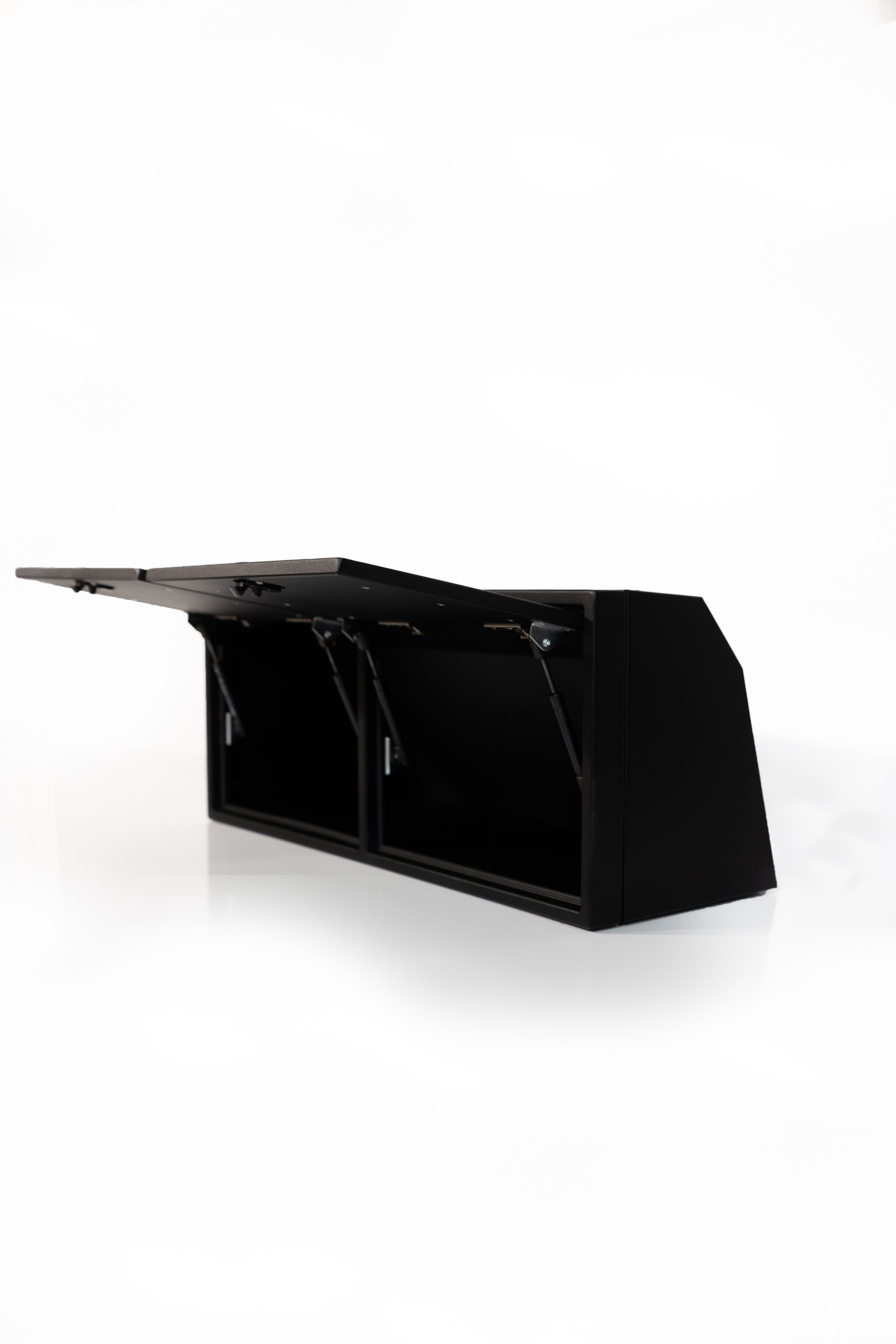 Black 36-inch wide aluminum angled upper Van Wife Components cabinet with two shaker-style doors & flush slam latches
