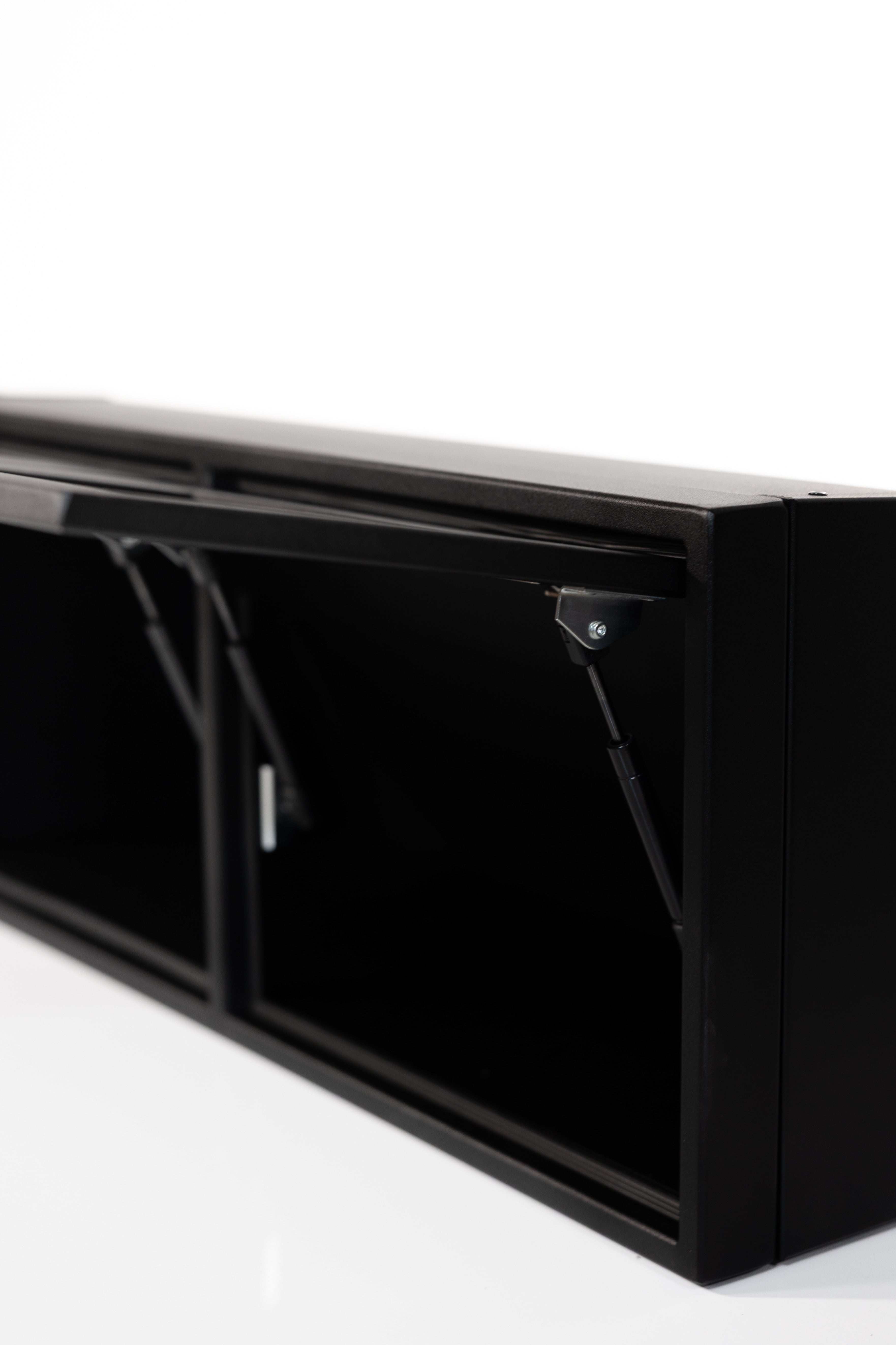 Black 36-inch wide aluminum angled upper Van Wife Components cabinet with two shaker-style doors & flush slam latches