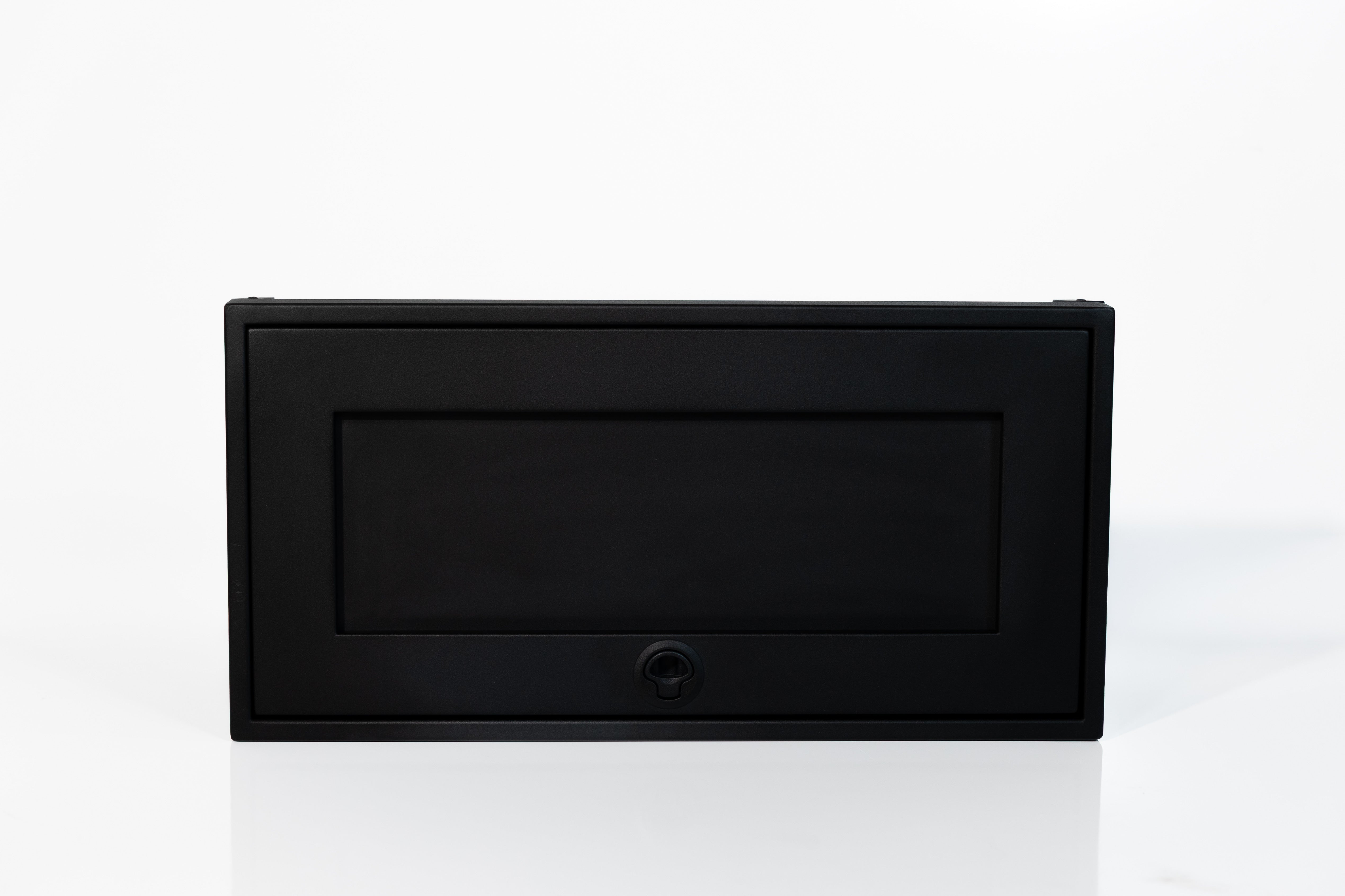 Black 30-inch wide aluminum angled upper Van Wife Components cabinet with a single shaker-style door & flush slam latch