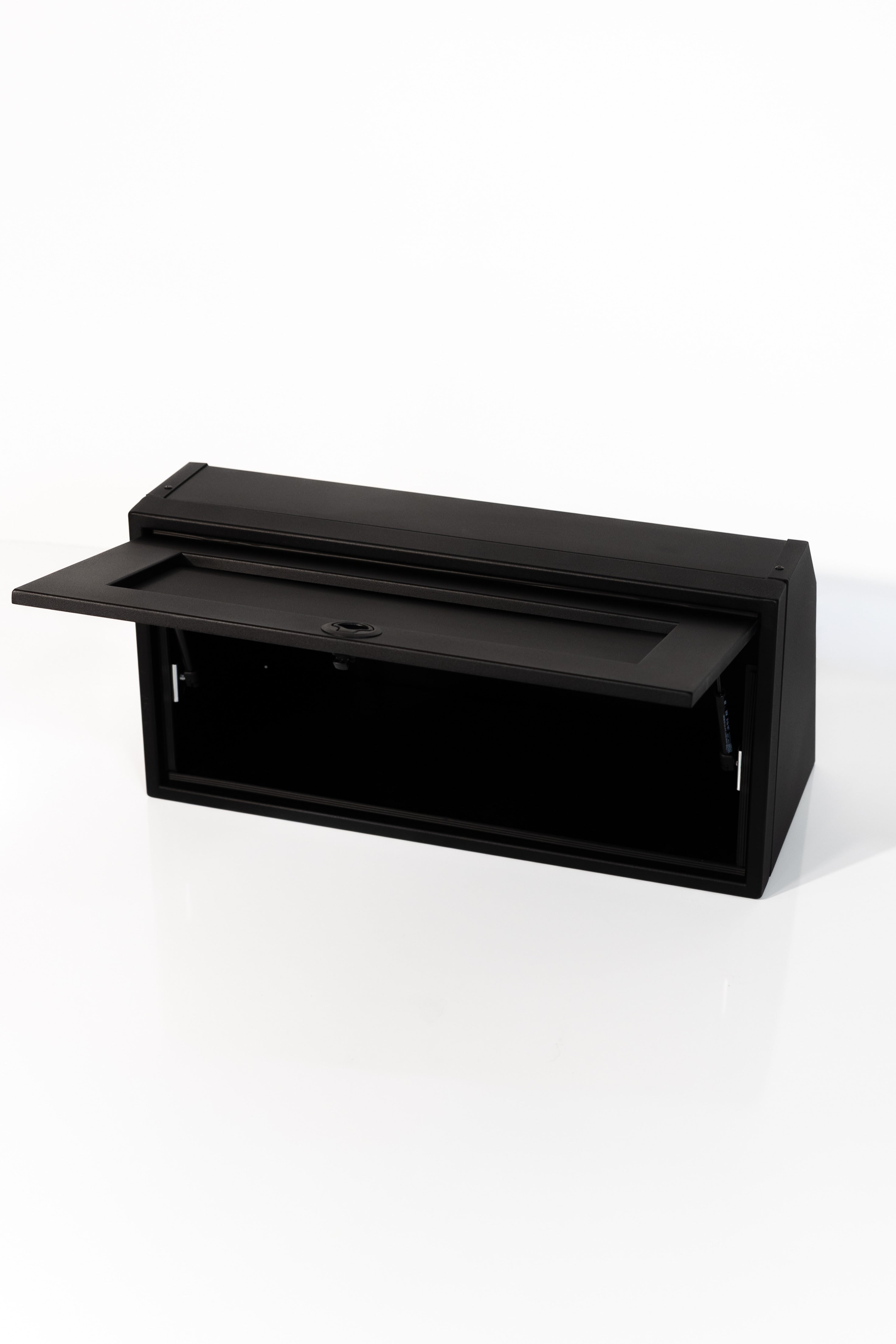 Black 30-inch wide aluminum angled upper Van Wife Components cabinet with a single shaker-style door & flush slam latch