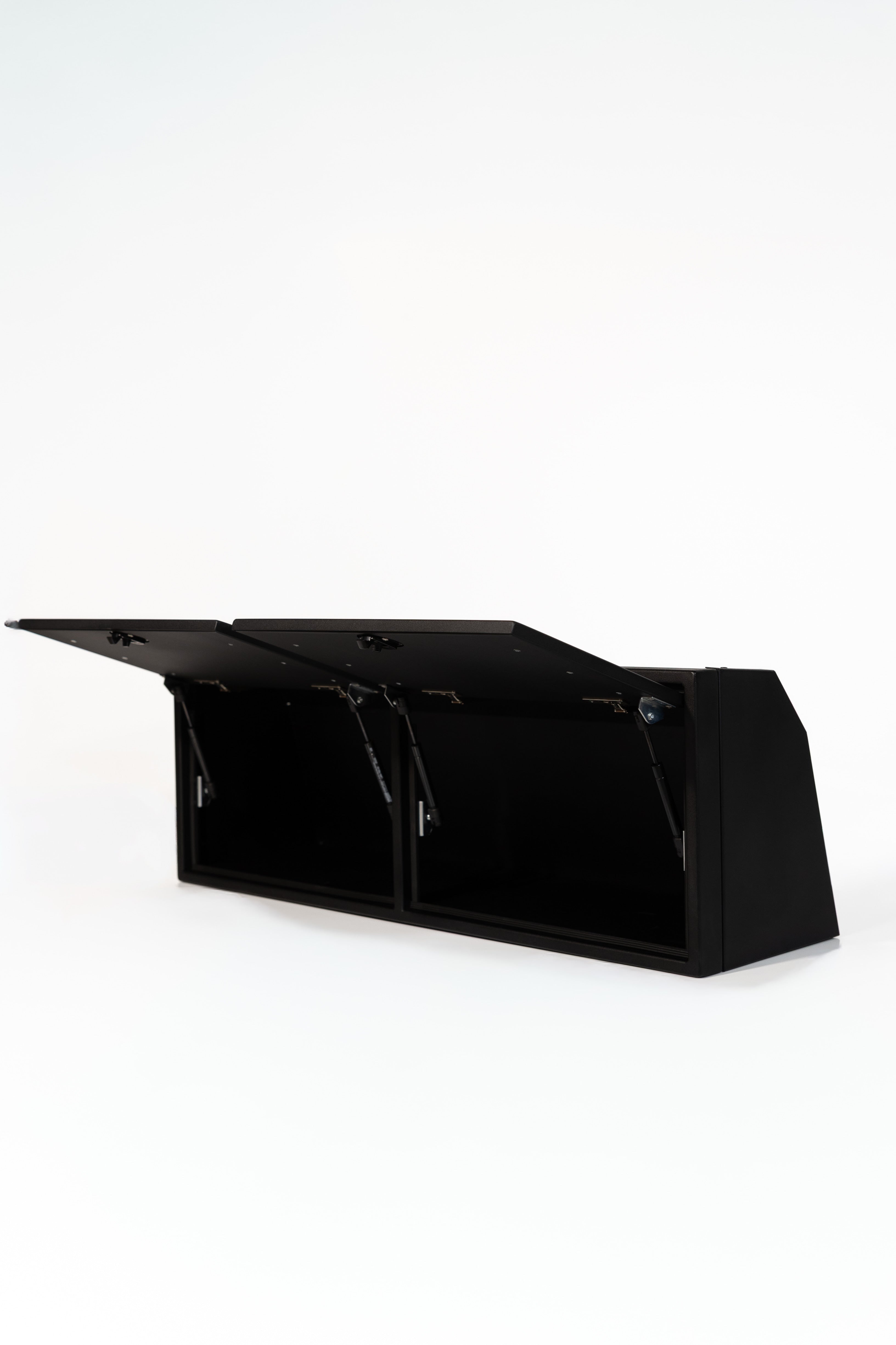 Black 42-inch wide aluminum angled upper Van Wife Components cabinet with two shaker-style doors & flush slam latches