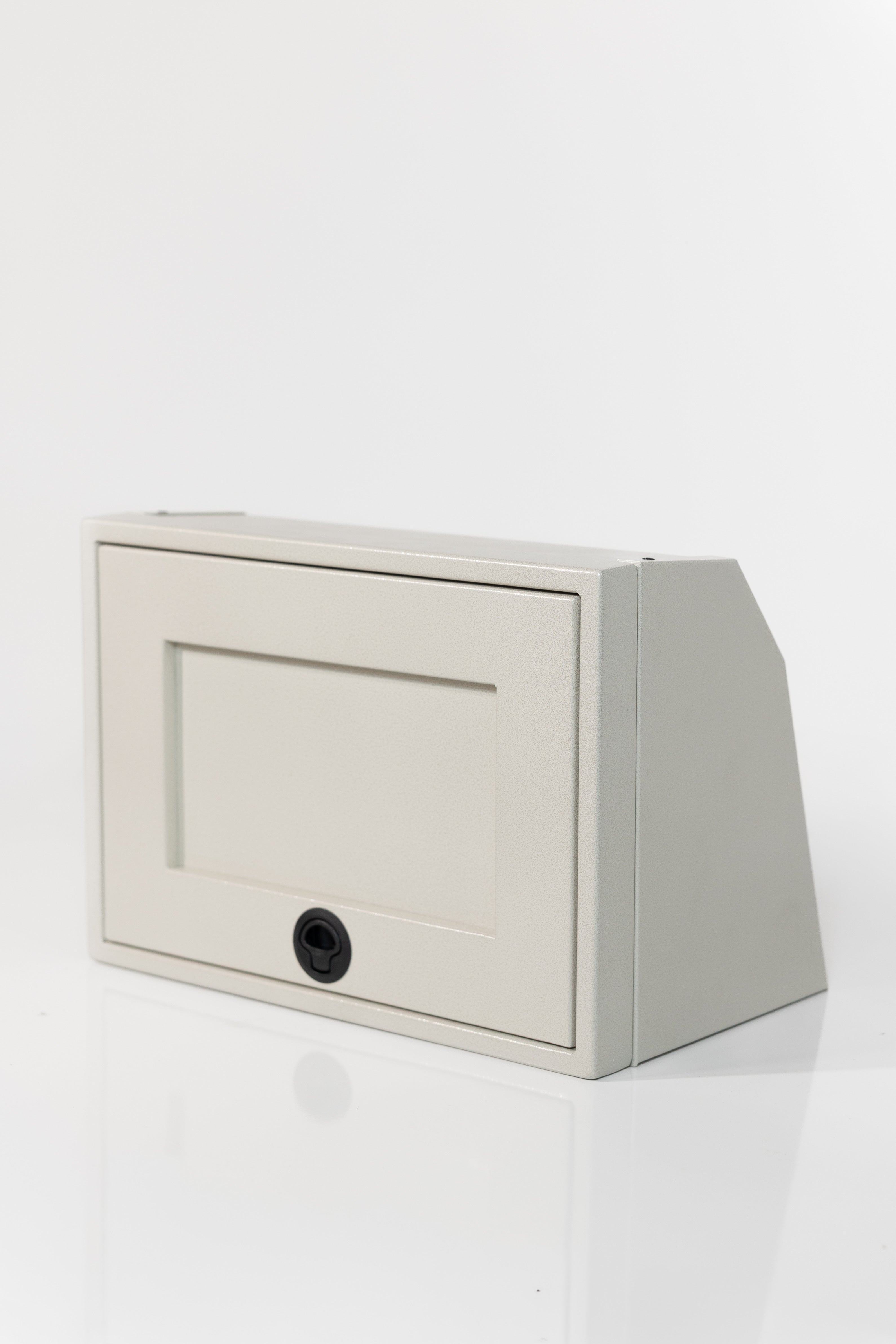 Sandstone 21-inch wide aluminum angled upper Van Wife Components cabinet with a single shaker-style door & flush slam latch