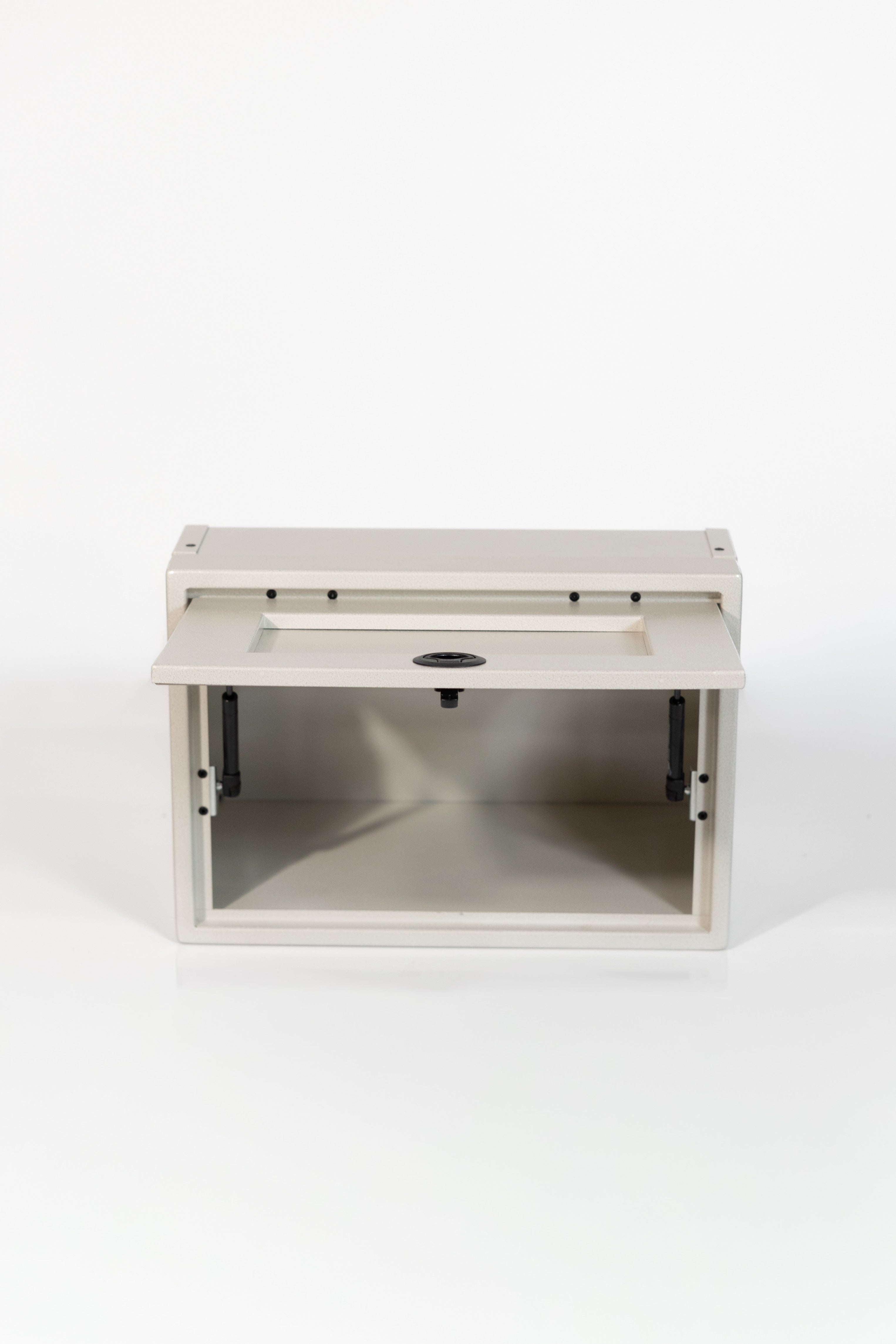Sandstone 21-inch wide aluminum angled upper Van Wife Components cabinet with a single shaker-style door & flush slam latch