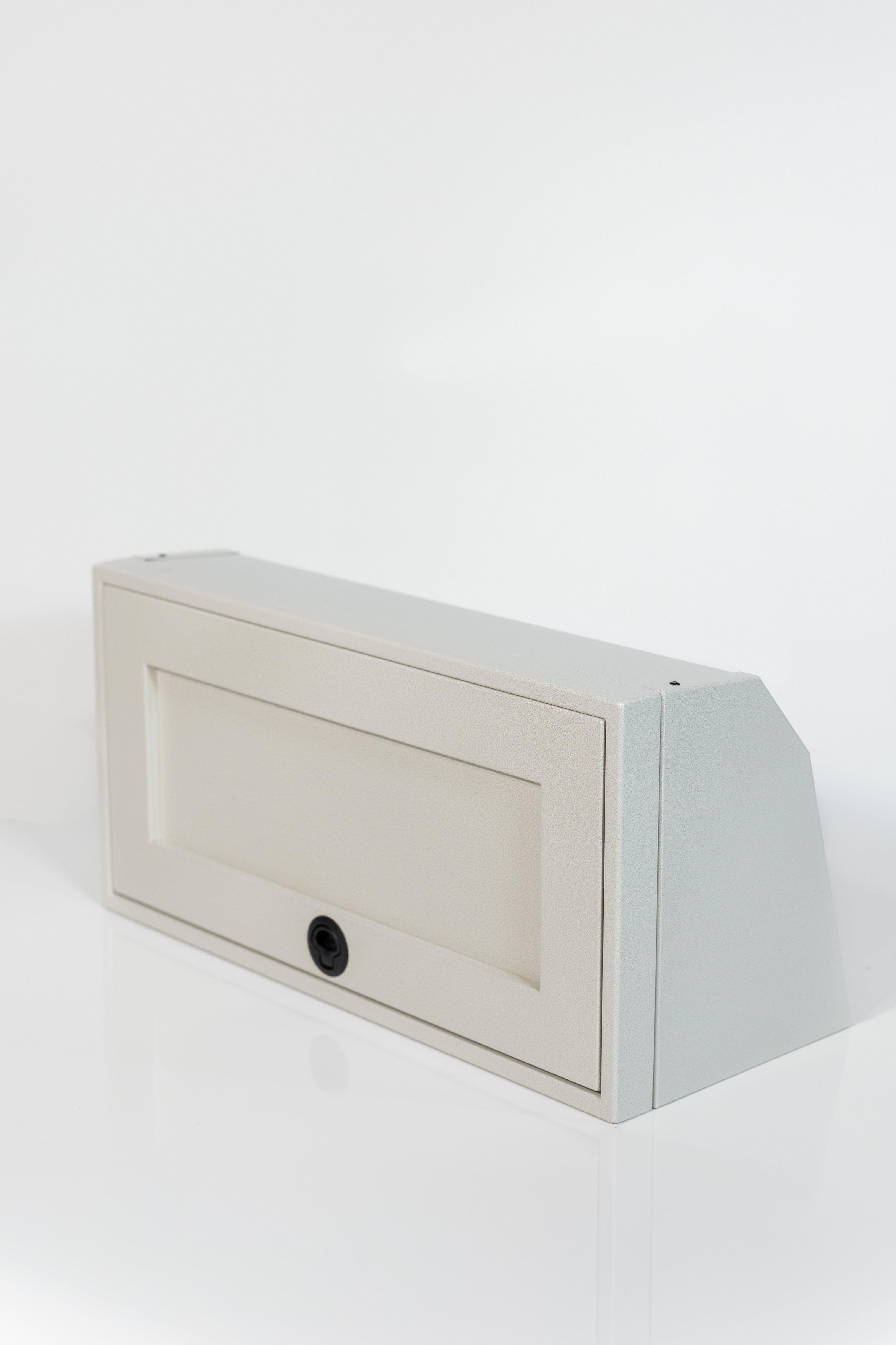 Sandstone 30-inch wide aluminum angled upper Van Wife Components cabinet with a single shaker-style door & flush slam latch
