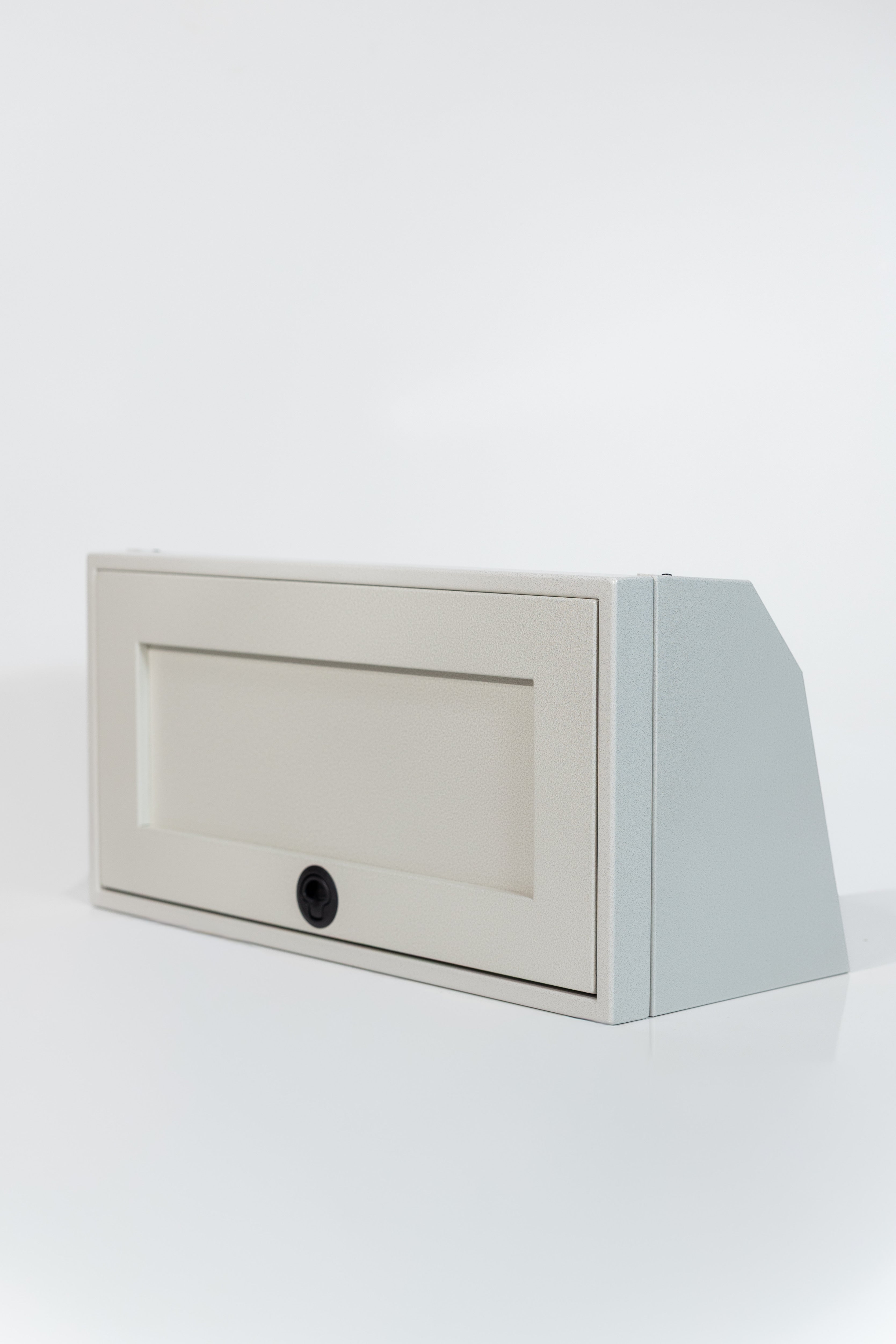Sandstone 30-inch wide aluminum angled upper Van Wife Components cabinet with a single shaker-style door & flush slam latch