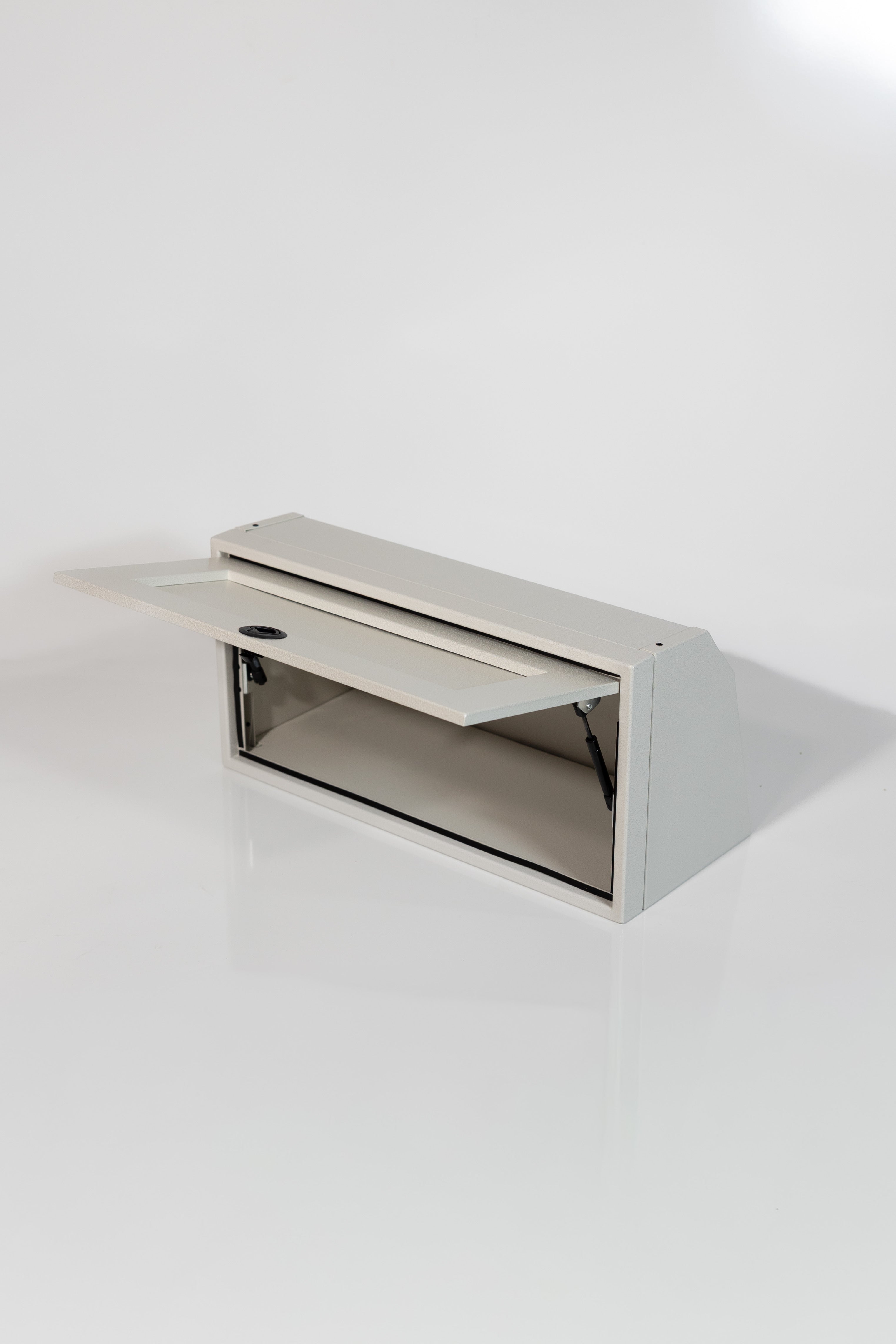 Sandstone 30-inch wide aluminum angled upper Van Wife Components cabinet with a single shaker-style door & flush slam latch