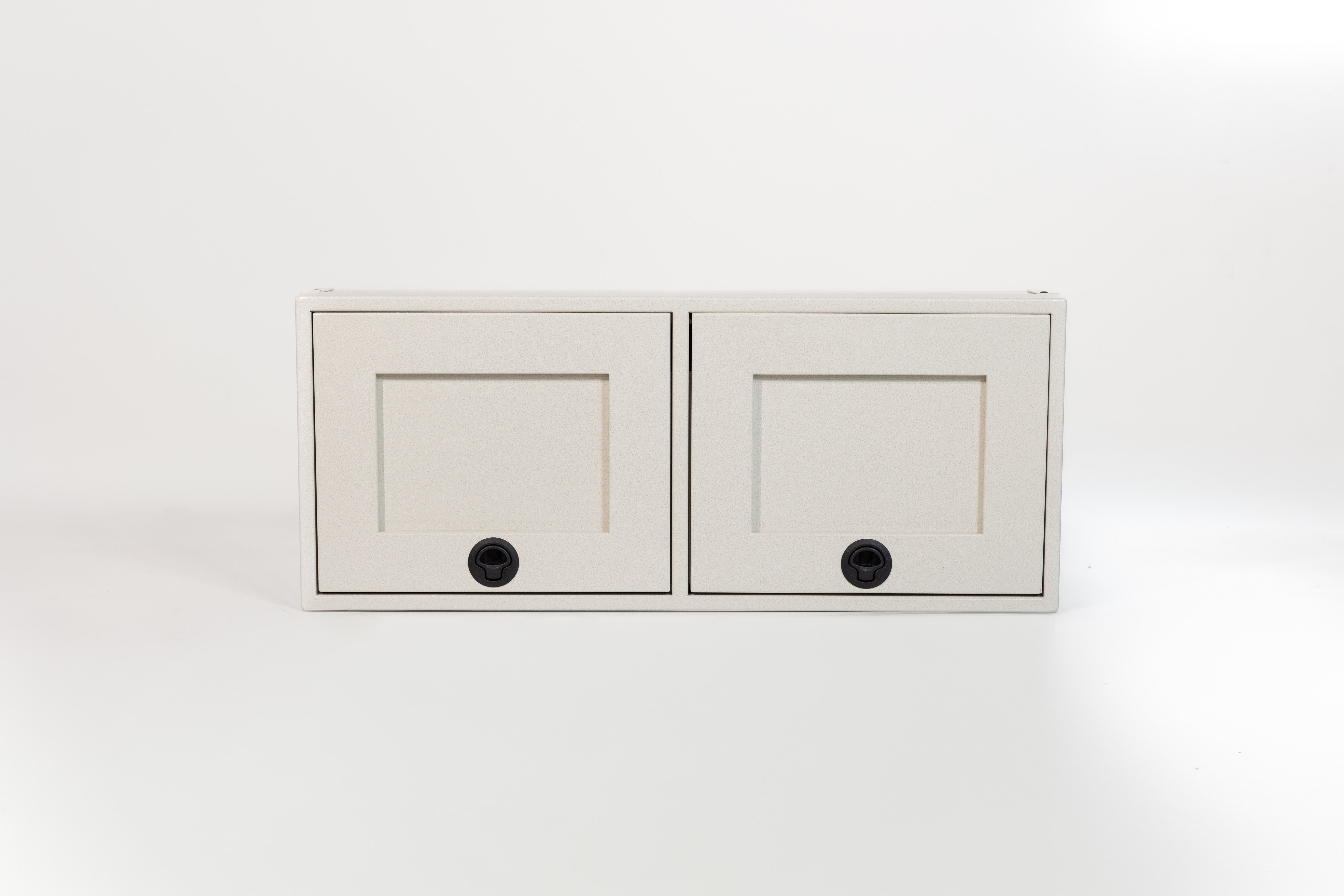 White 36-inch wide aluminum angled upper Van Wife Components cabinet with two shaker-style doors & flush slam latches