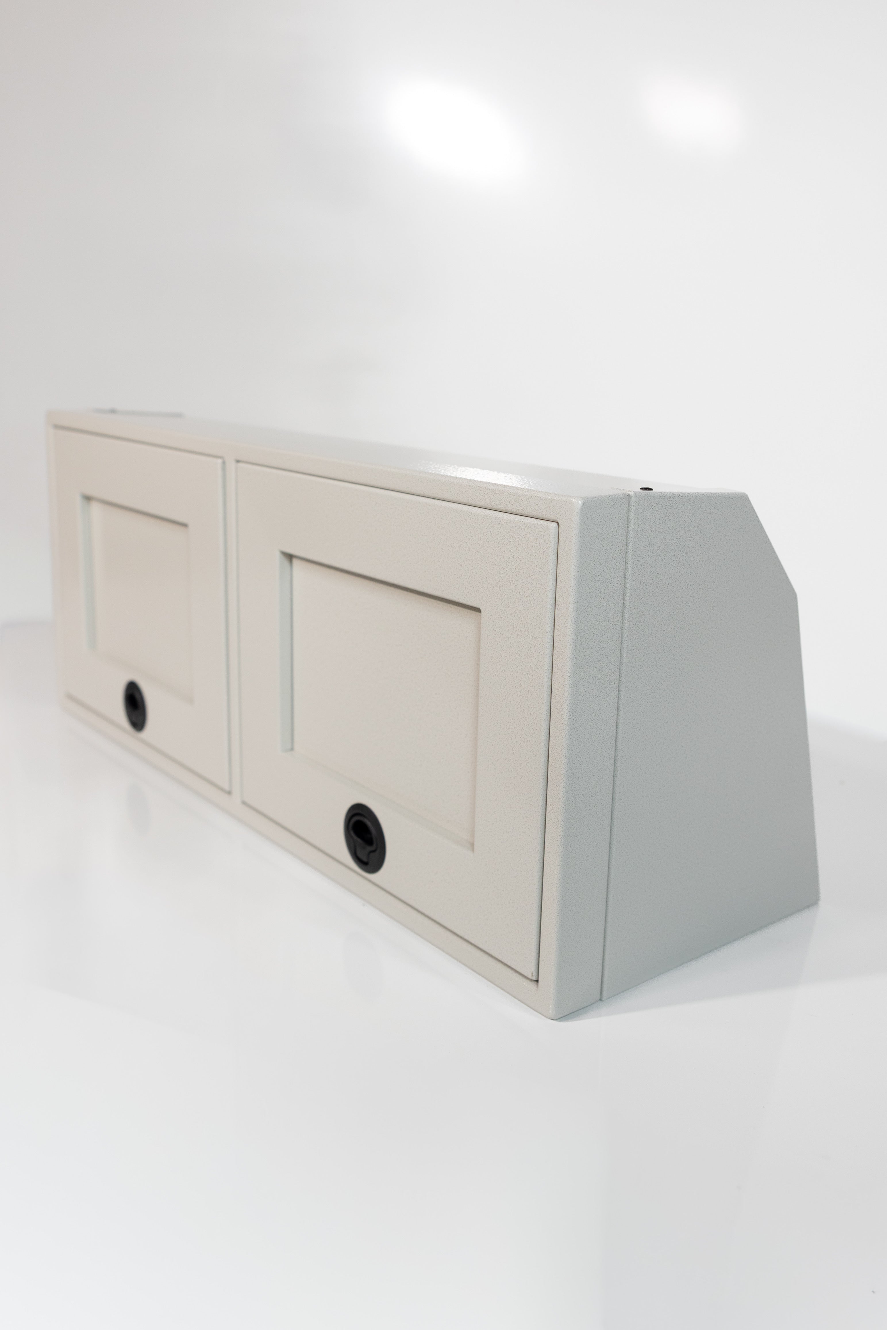 White 36-inch wide aluminum angled upper Van Wife Components cabinet with two shaker-style doors & flush slam latches