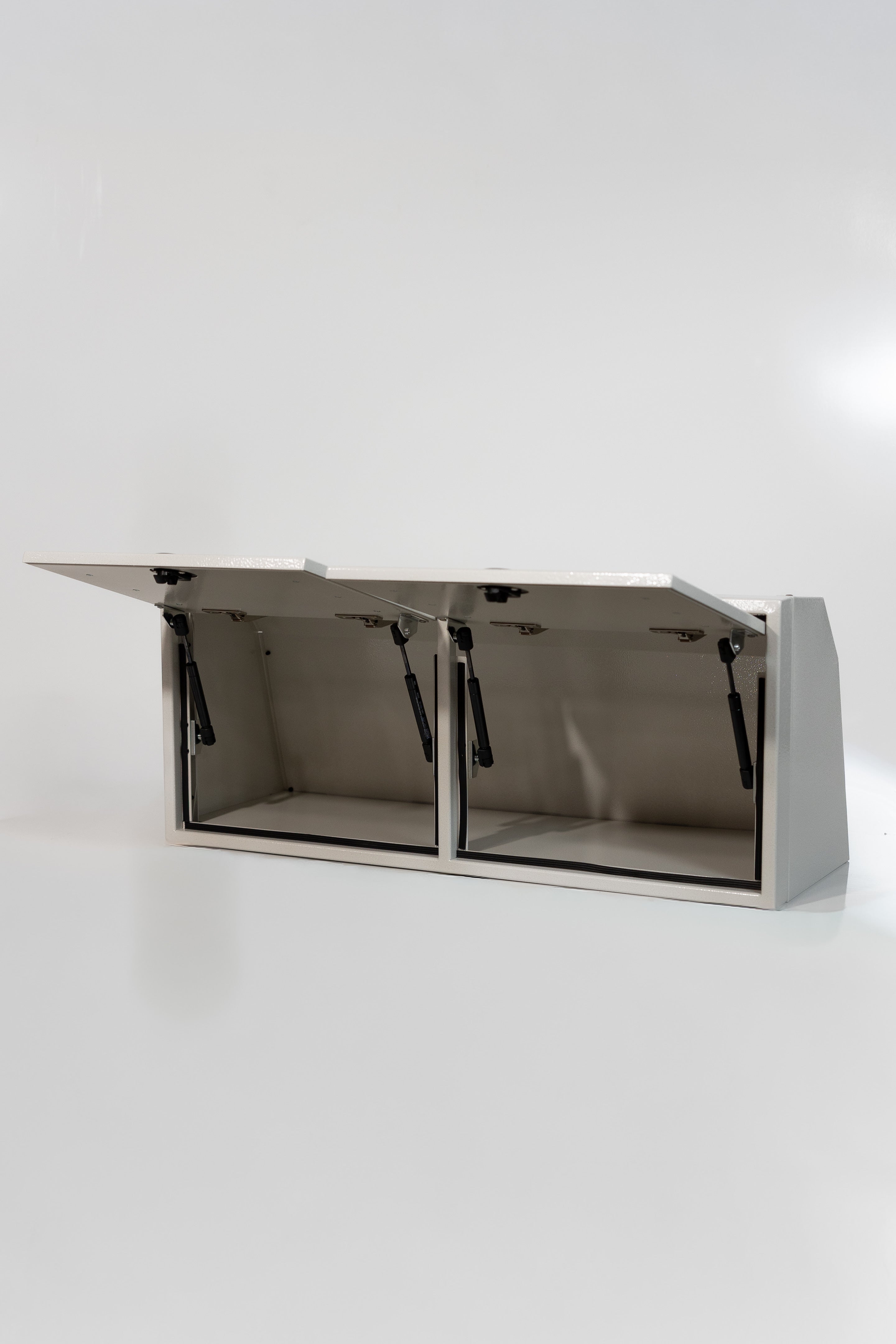 White 36-inch wide aluminum angled upper Van Wife Components cabinet with two shaker-style doors & flush slam latches