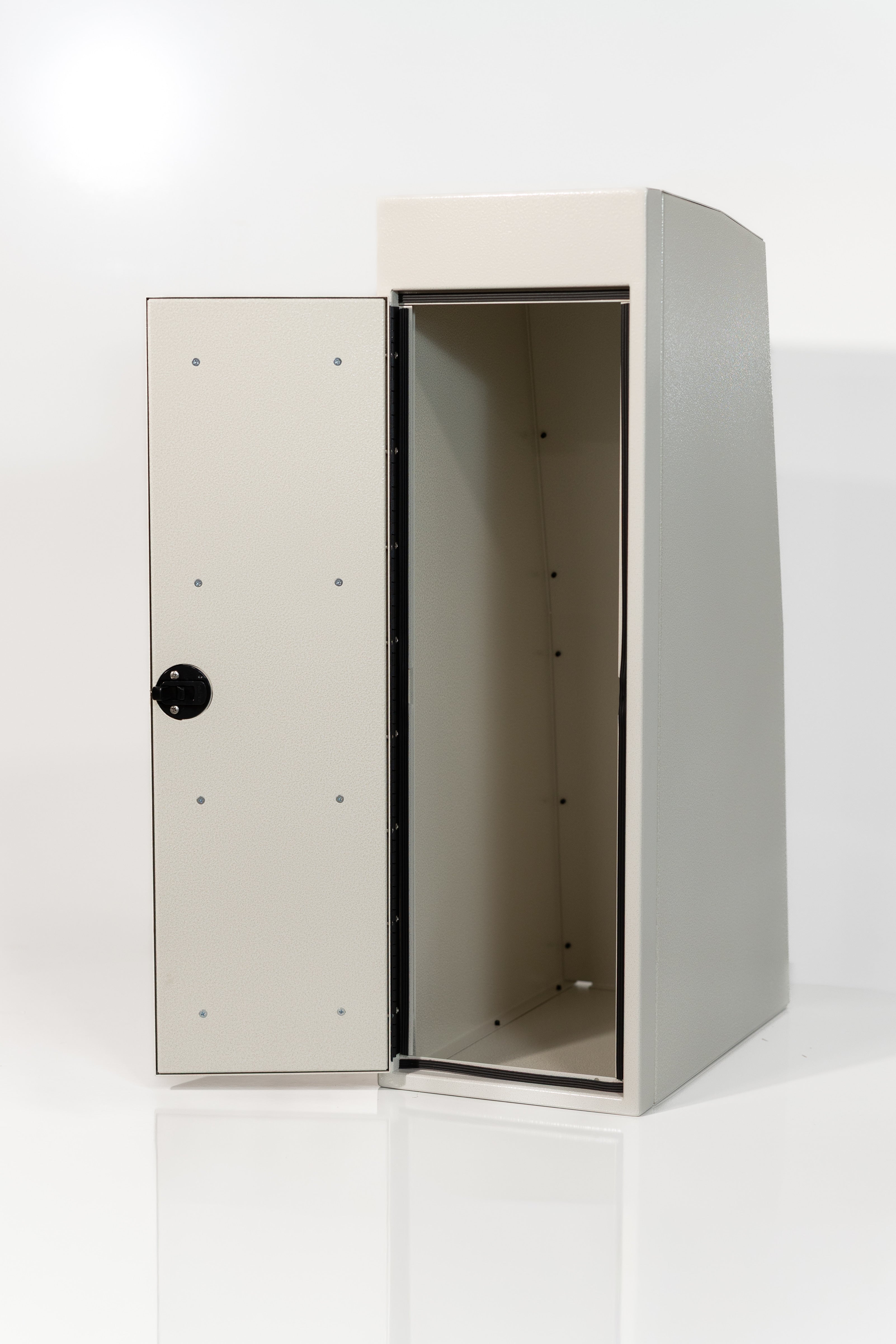 White 12-inch wide vertical aluminum upper van closet showing a single shaker-style door with flush slam latch