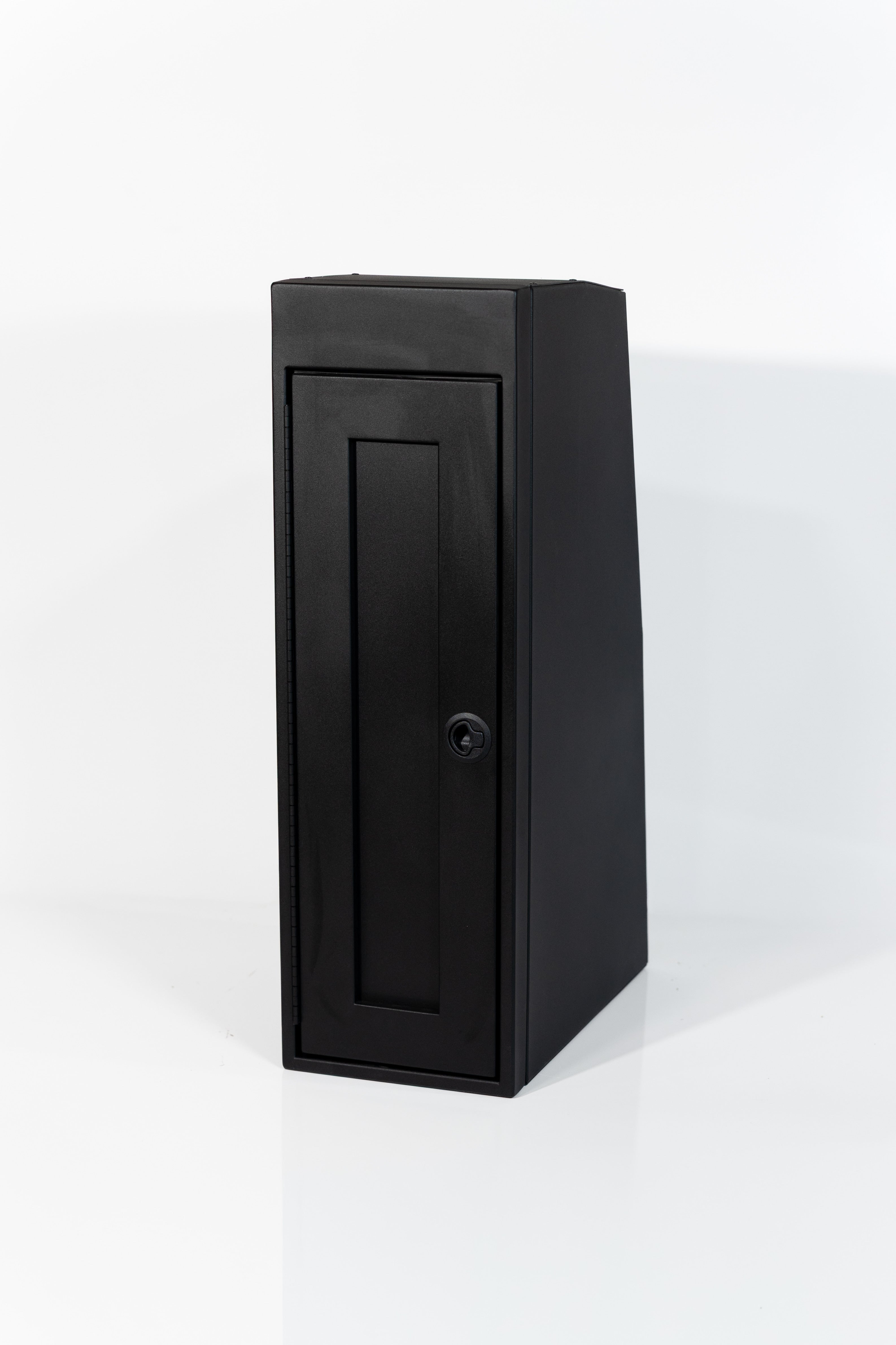 Black 12-inch wide vertical aluminum upper van closet showing a single shaker-style door with flush slam latch